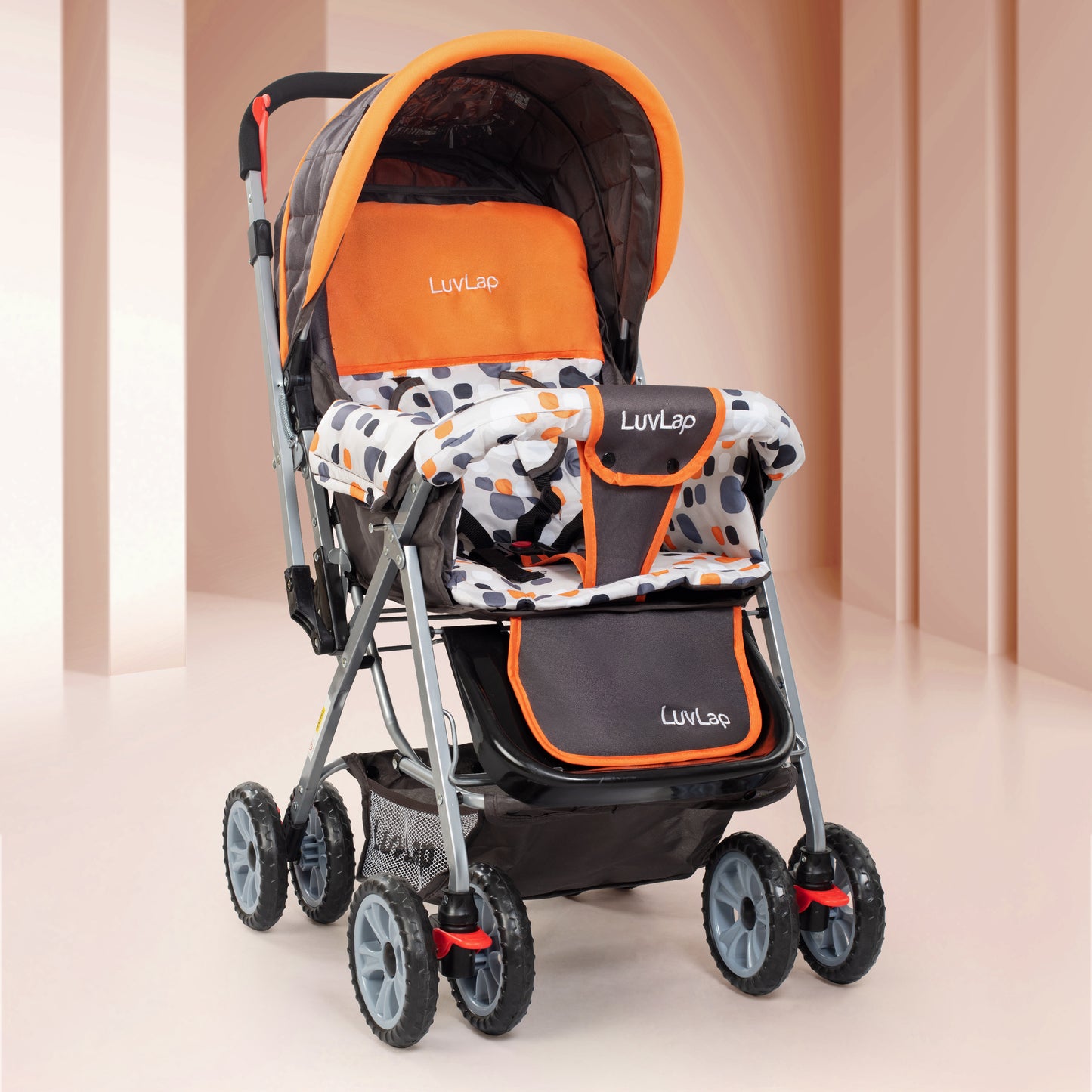 Sunshine Baby Stroller/Pram for 0 to 3 Years, New Born/Toddler/Kid, 5 Point Safety Harness, Adjustable backrest, 360° Swivel Wheel, Large Storage Basket, Reversible Handlebar (Orange)