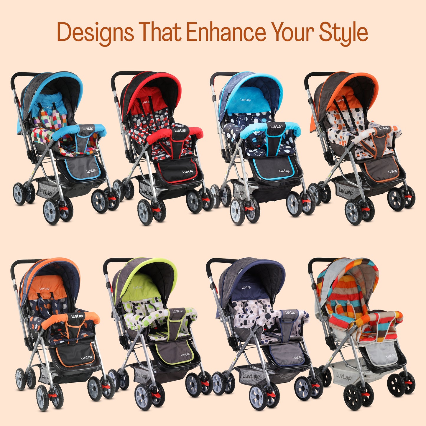 Sunshine Baby Stroller/Pram for 0 to 3 Years, New Born/Toddler/Kid, 5 Point Safety Harness, Adjustable backrest, 360° Swivel Wheel, Large Storage Basket, Reversible Handlebar (Orange)