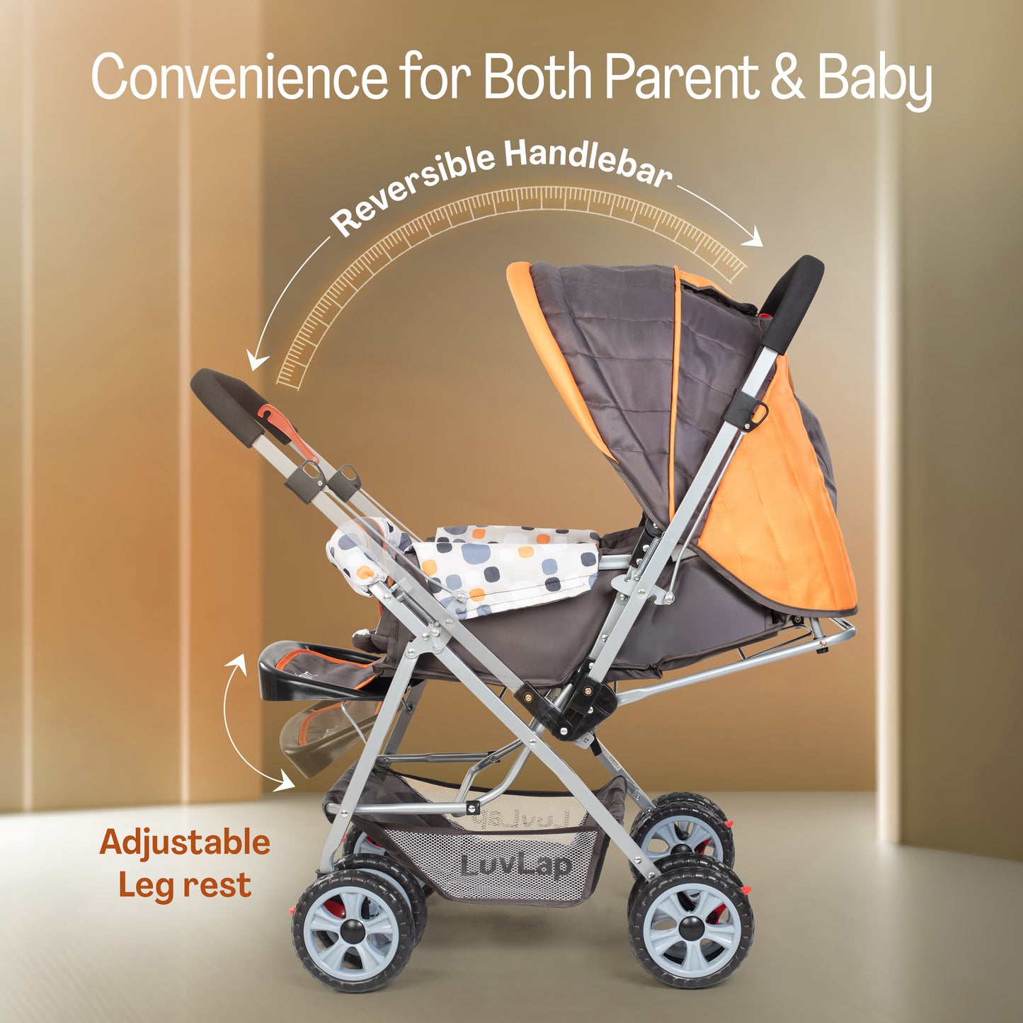 Sunshine Baby Stroller/Pram for 0 to 3 Years, New Born/Toddler/Kid, 5 Point Safety Harness, Adjustable backrest, 360° Swivel Wheel, Large Storage Basket, Reversible Handlebar (Orange)