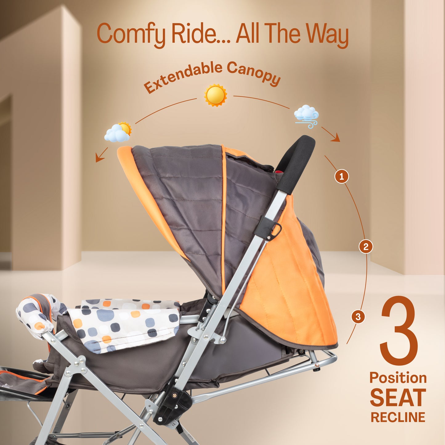 Sunshine Baby Stroller/Pram for 0 to 3 Years, New Born/Toddler/Kid, 5 Point Safety Harness, Adjustable backrest, 360° Swivel Wheel, Large Storage Basket, Reversible Handlebar (Orange)