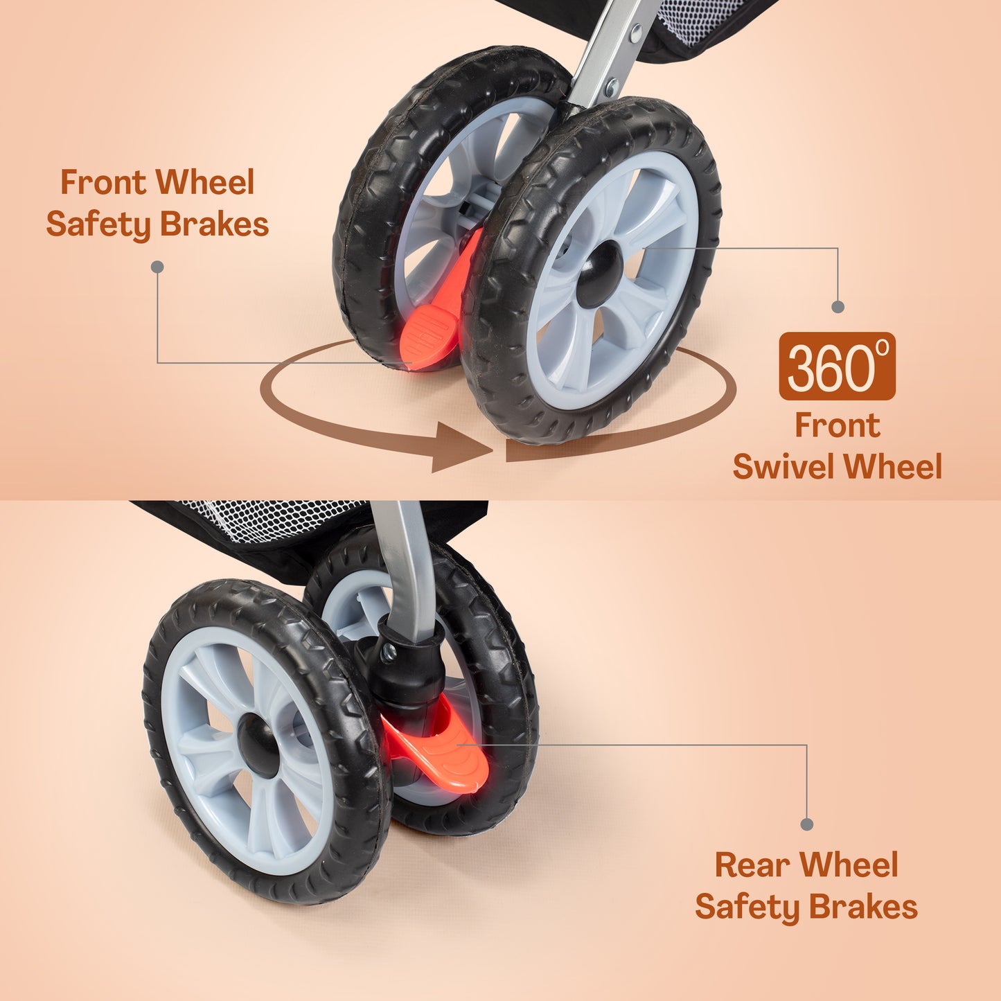 Sunshine Baby Stroller/Pram for 0 to 3 Years, New Born/Toddler/Kid, 5 Point Safety Harness, Adjustable backrest, 360° Swivel Wheel, Large Storage Basket, Reversible Handlebar (Orange)