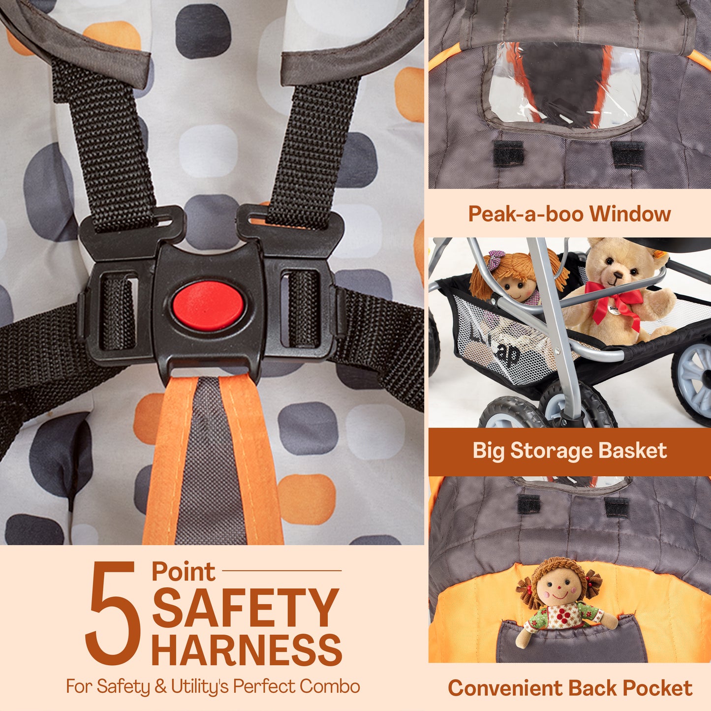 Sunshine Baby Stroller/Pram for 0 to 3 Years, New Born/Toddler/Kid, 5 Point Safety Harness, Adjustable backrest, 360° Swivel Wheel, Large Storage Basket, Reversible Handlebar (Orange)