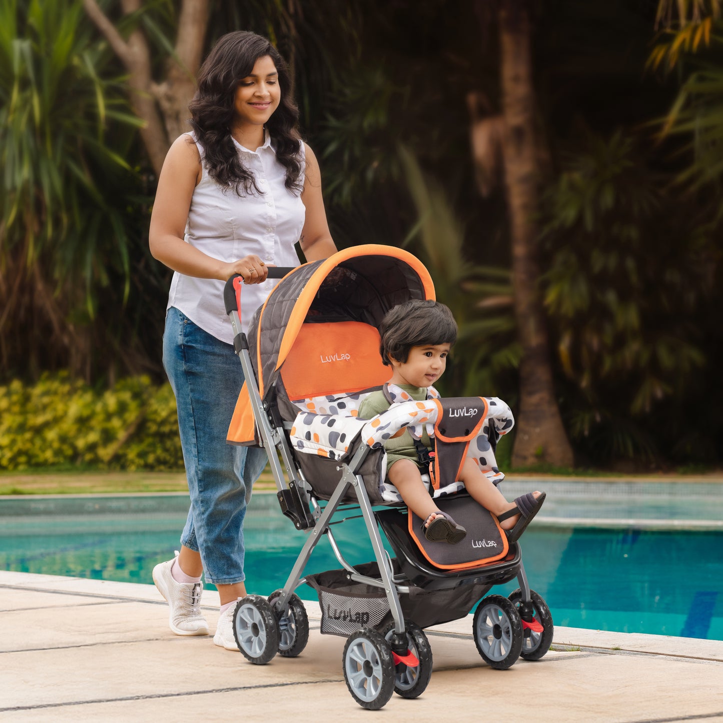 Sunshine Baby Stroller/Pram for 0 to 3 Years, New Born/Toddler/Kid, 5 Point Safety Harness, Adjustable backrest, 360° Swivel Wheel, Large Storage Basket, Reversible Handlebar (Orange)