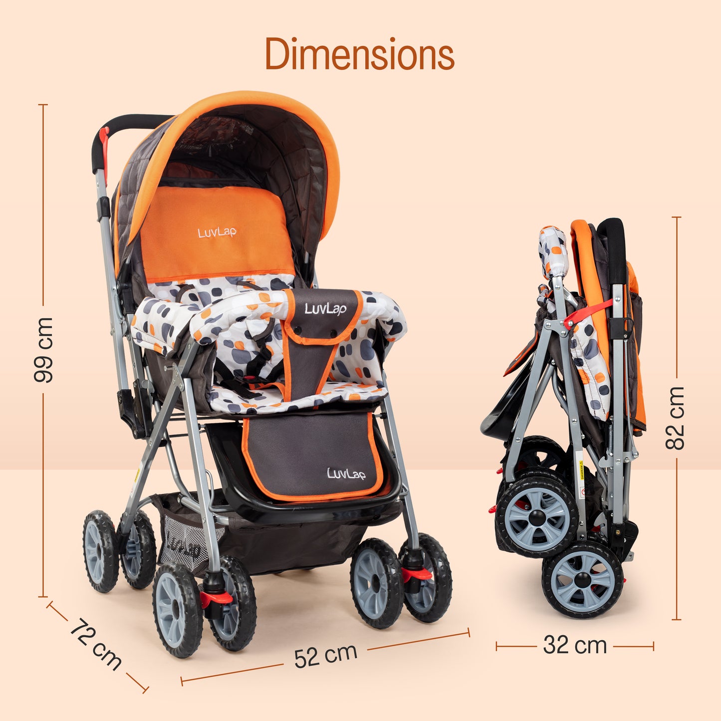 Sunshine Baby Stroller/Pram for 0 to 3 Years, New Born/Toddler/Kid, 5 Point Safety Harness, Adjustable backrest, 360° Swivel Wheel, Large Storage Basket, Reversible Handlebar (Orange)