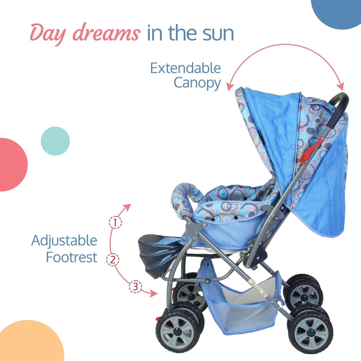 Starshine Baby Stroller/Pram for 0 to 3 Years, New Born/Toddler/Kid, Lightweight, Adjustable backrest, 360° Swivel Wheel, Large Storage Basket, Reversible Handlebar (Sky Blue)