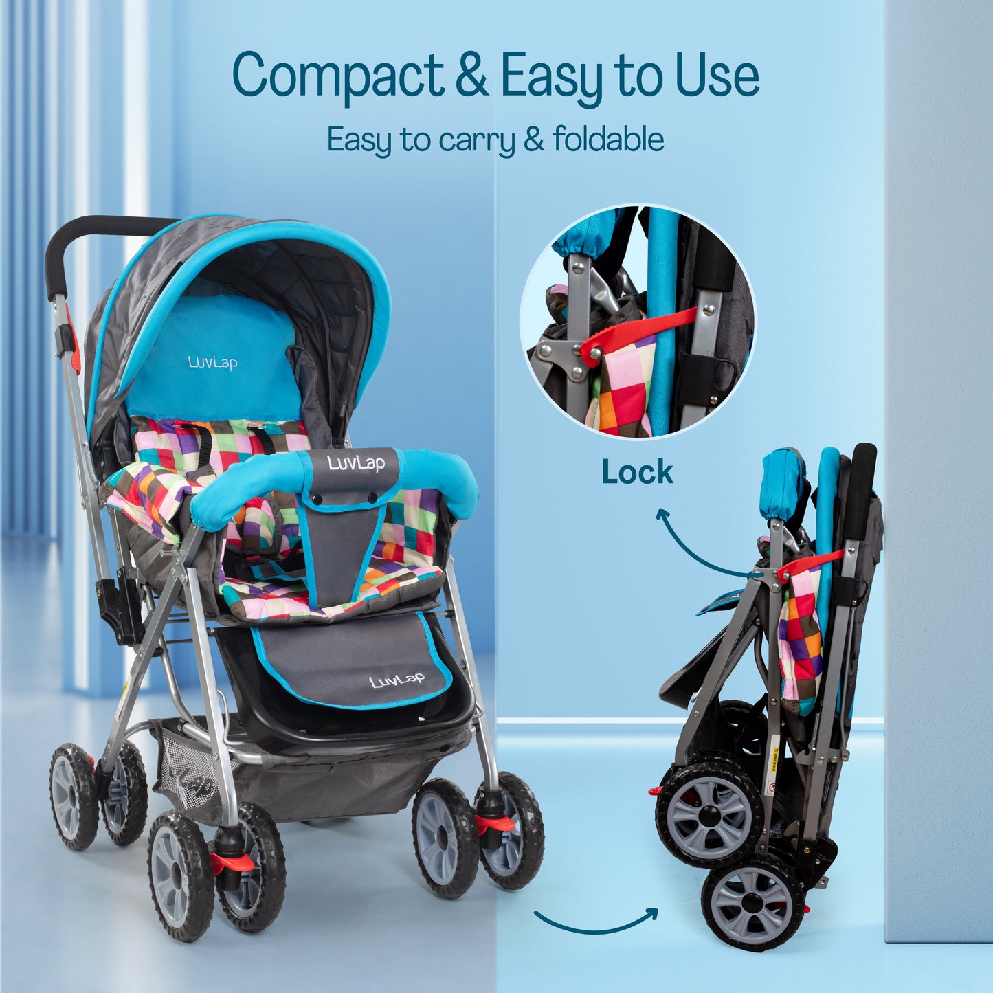 Sunshine Stroller/Pram, Easy Fold, for Newborn Baby/Kids, 0-3 Years (Teal)