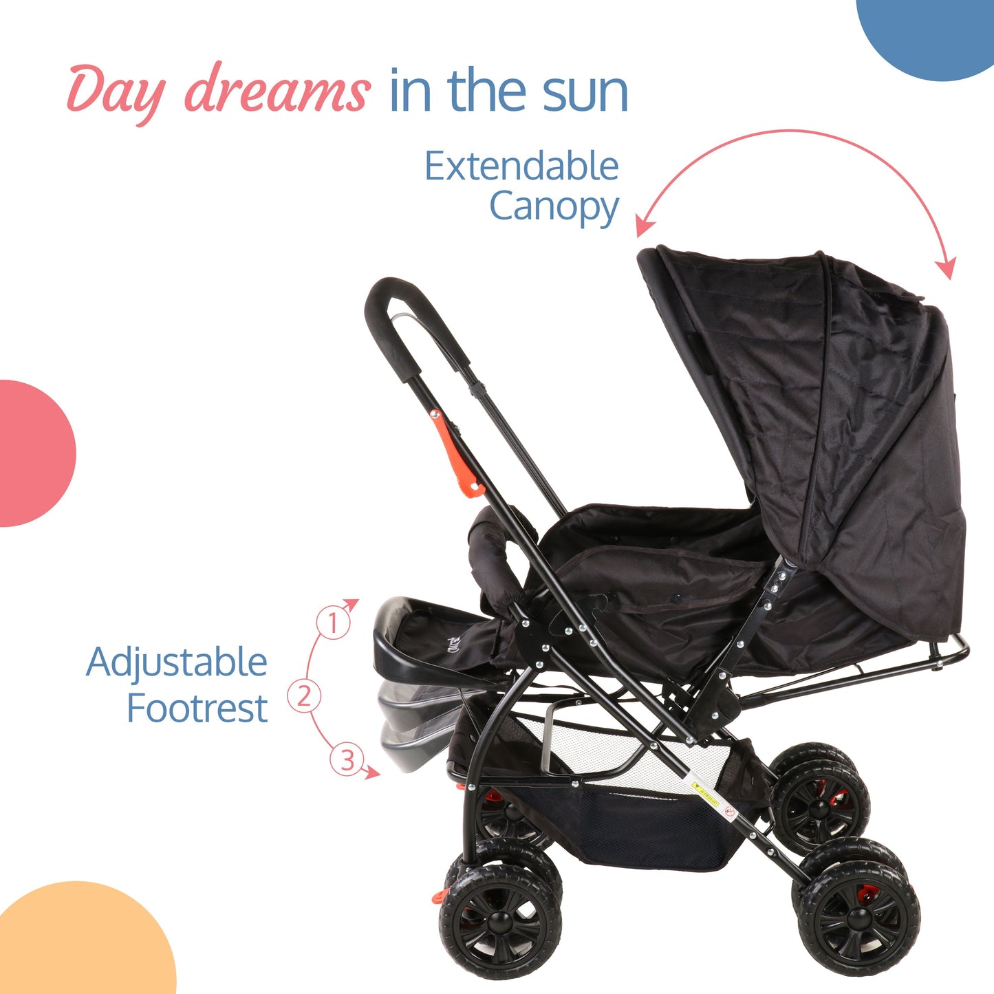 Starshine Baby Stroller/Pram for 0 to 3 Years, New Born/Toddler/Kid, Lightweight, Adjustable backrest, 360° Swivel Wheel, Large Storage Basket, Reversible Handlebar (Black)