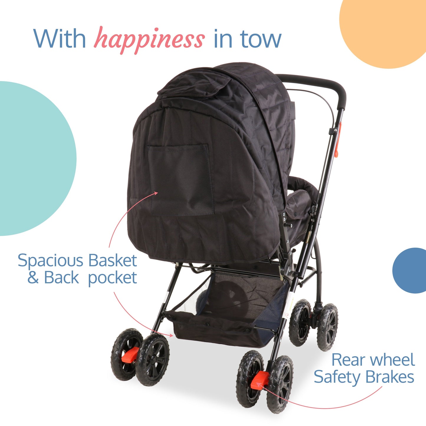 Starshine Baby Stroller/Pram for 0 to 3 Years, New Born/Toddler/Kid, Lightweight, Adjustable backrest, 360° Swivel Wheel, Large Storage Basket, Reversible Handlebar (Black)