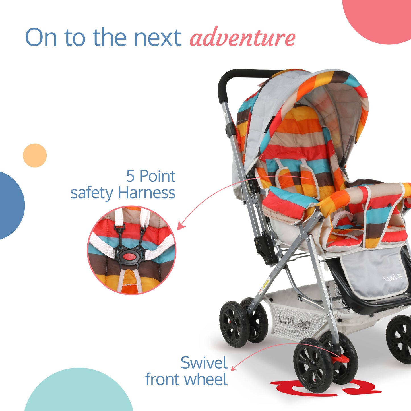 Sunshine Baby Stroller / Pram for 0 to 3 Years, New Born/Toddler/Kid,5 Point Safety Harness, Adjustable backrest, 360° Swivel Wheel,storage basket, Reversible Handlebar (Stripes,Multicolor)