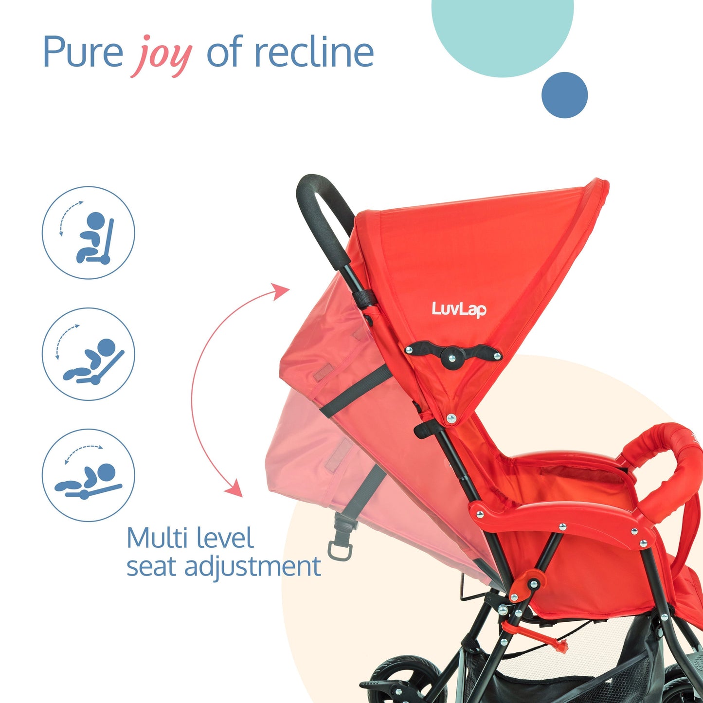 Apollo Stroller with Multi-Position Recline, Lightweight, 3-Point Safety Harness, Rear Wheel Brakes, Swivel Front Wheels, Storage Basket, Weight Capacity 15Kgs, Red