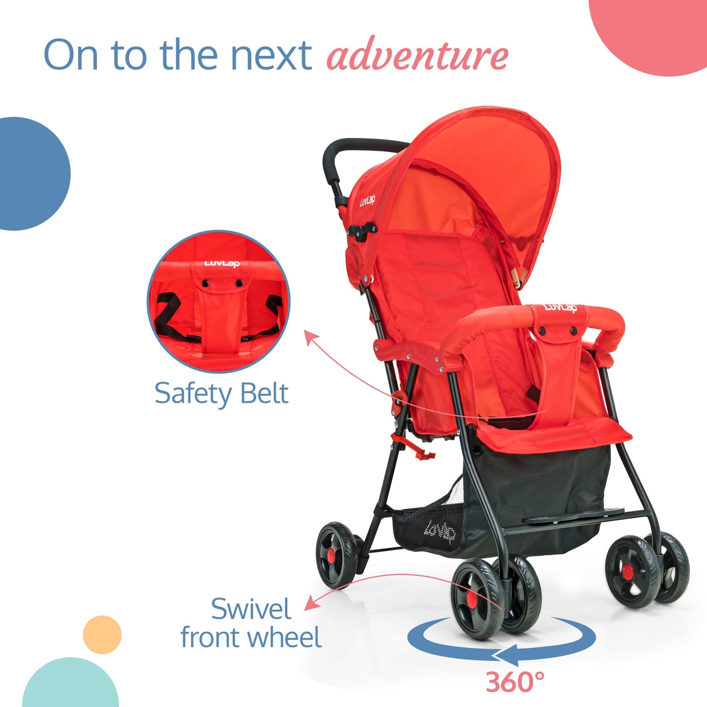 Apollo Stroller with Multi-Position Recline, Lightweight, 3-Point Safety Harness, Rear Wheel Brakes, Swivel Front Wheels, Storage Basket, Weight Capacity 15Kgs, Red