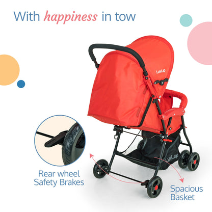 Apollo Stroller with Multi-Position Recline, Lightweight, 3-Point Safety Harness, Rear Wheel Brakes, Swivel Front Wheels, Storage Basket, Weight Capacity 15Kgs, Red