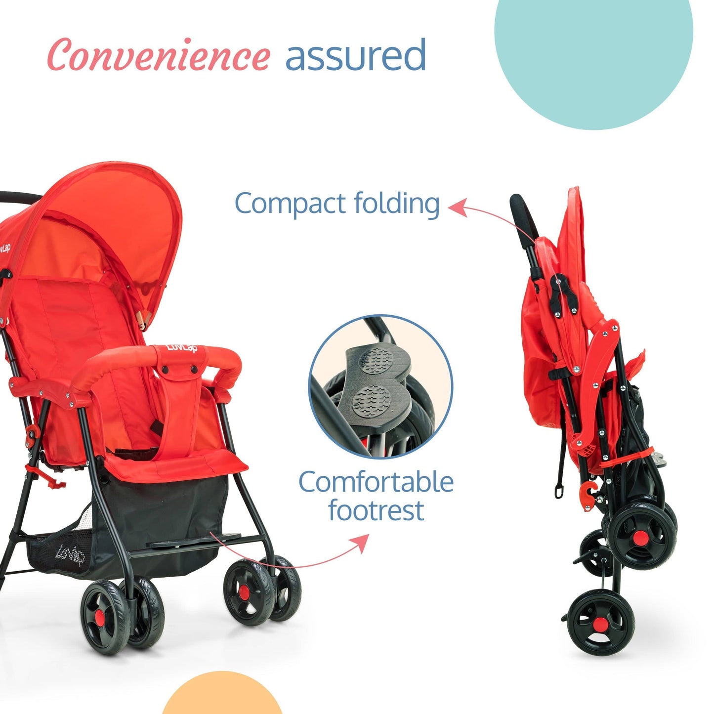 Apollo Stroller with Multi-Position Recline, Lightweight, 3-Point Safety Harness, Rear Wheel Brakes, Swivel Front Wheels, Storage Basket, Weight Capacity 15Kgs, Red