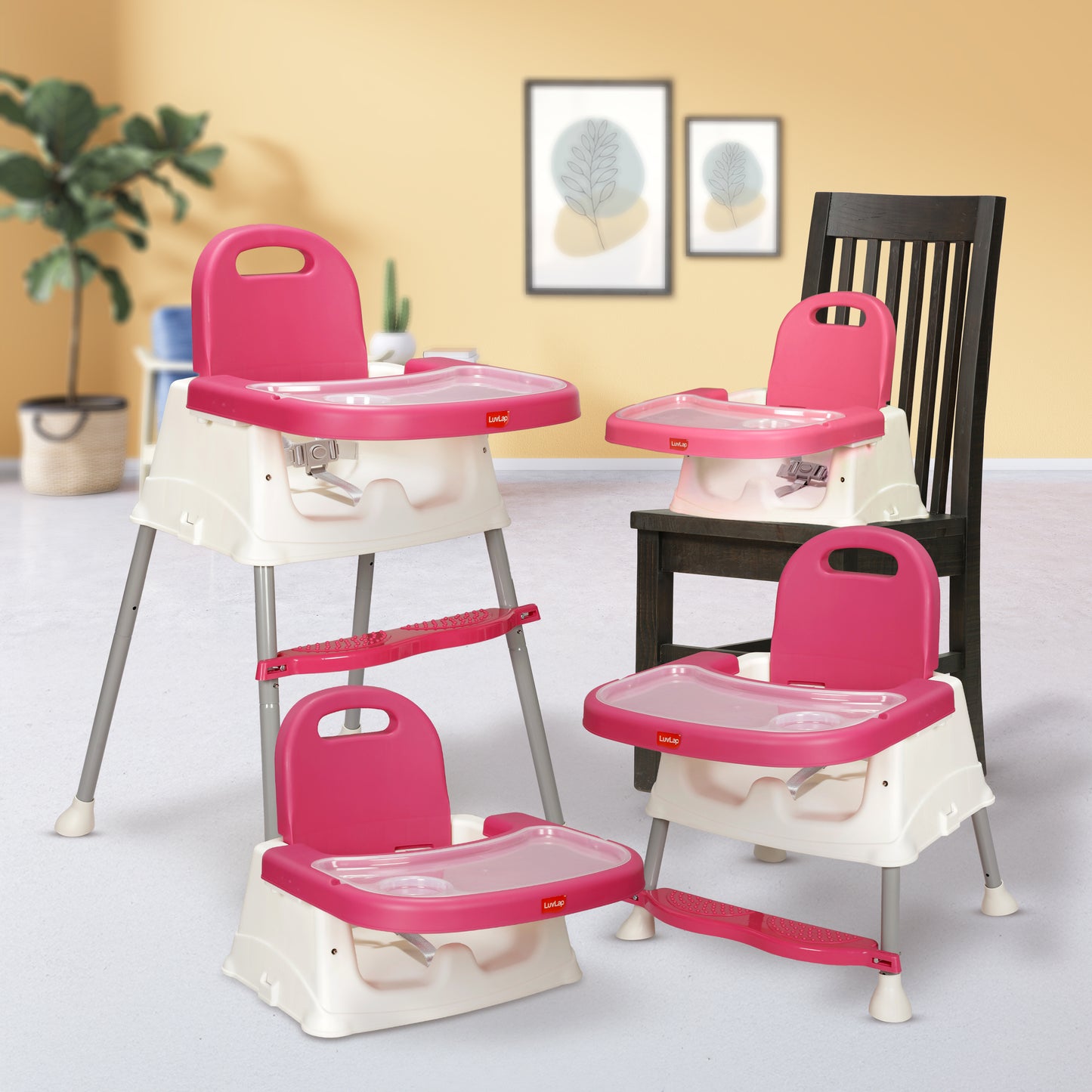 4 in 1 Convertible Baby High Chair with footrest, Convertible to High Chair, Low Chair, & Booster Seat, Essential for Baby Feeding (Pink)