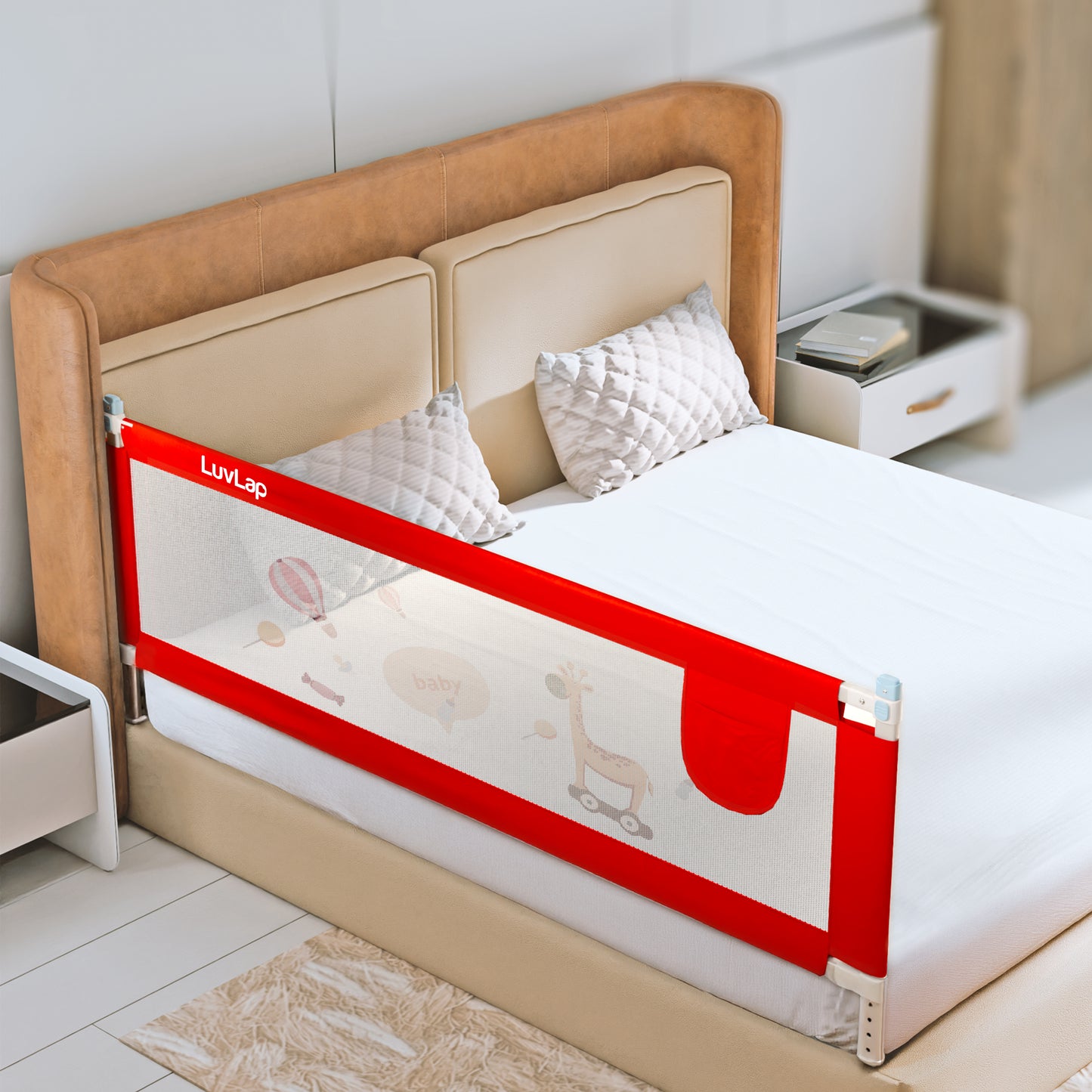 Comfy Baby Bed Rail Guard (6 ft x 2.3 ft), 180cmx72cm, Bed Rails for Baby & Toddler Safety, Portable, Adjustable Height, Single Side Bed Rail, Pack of 1, Printed Red