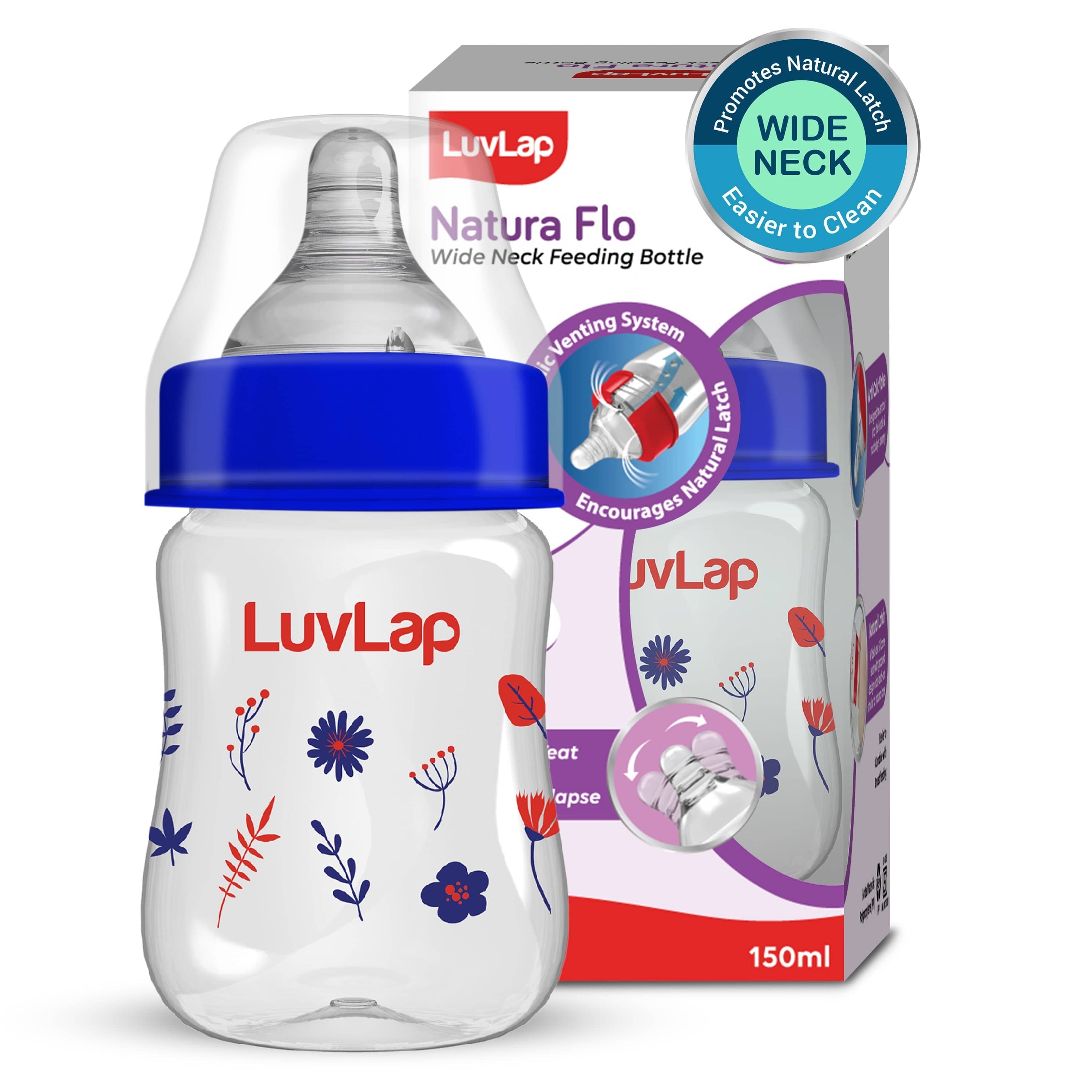 Anti-Colic Wide Neck Natura Flo Baby Feeding Bottle, 150ml, Floral
