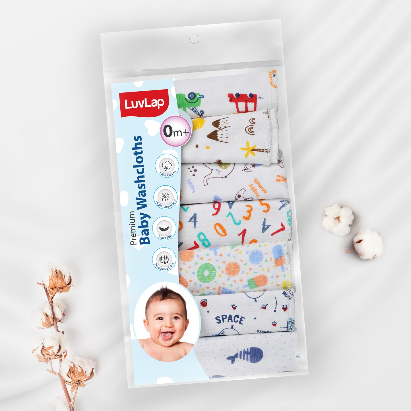 Premium Baby Washcloths, 7 Pcs, Alphabets Print