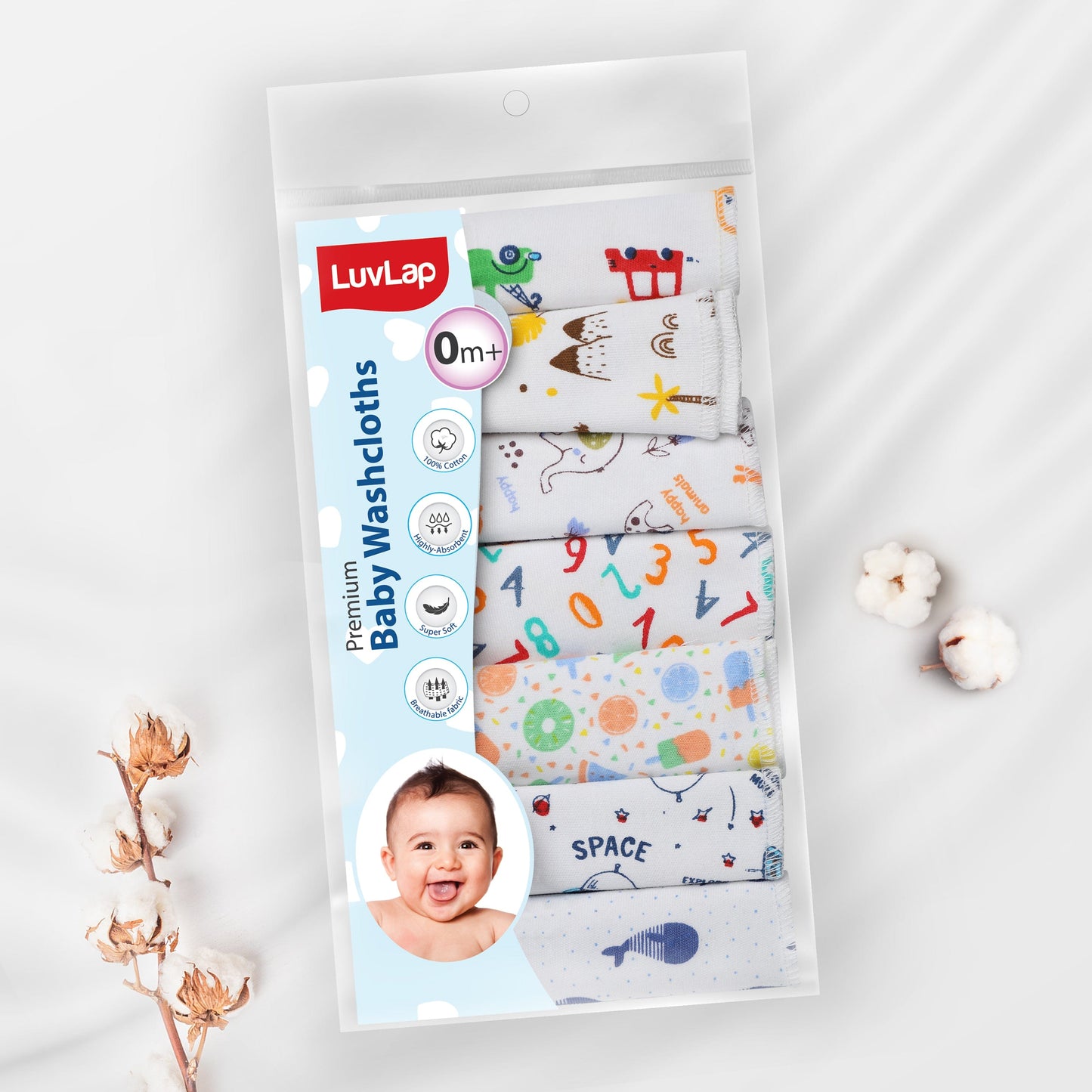 Premium Baby Washcloths, 7 Pcs, Alphabets Print