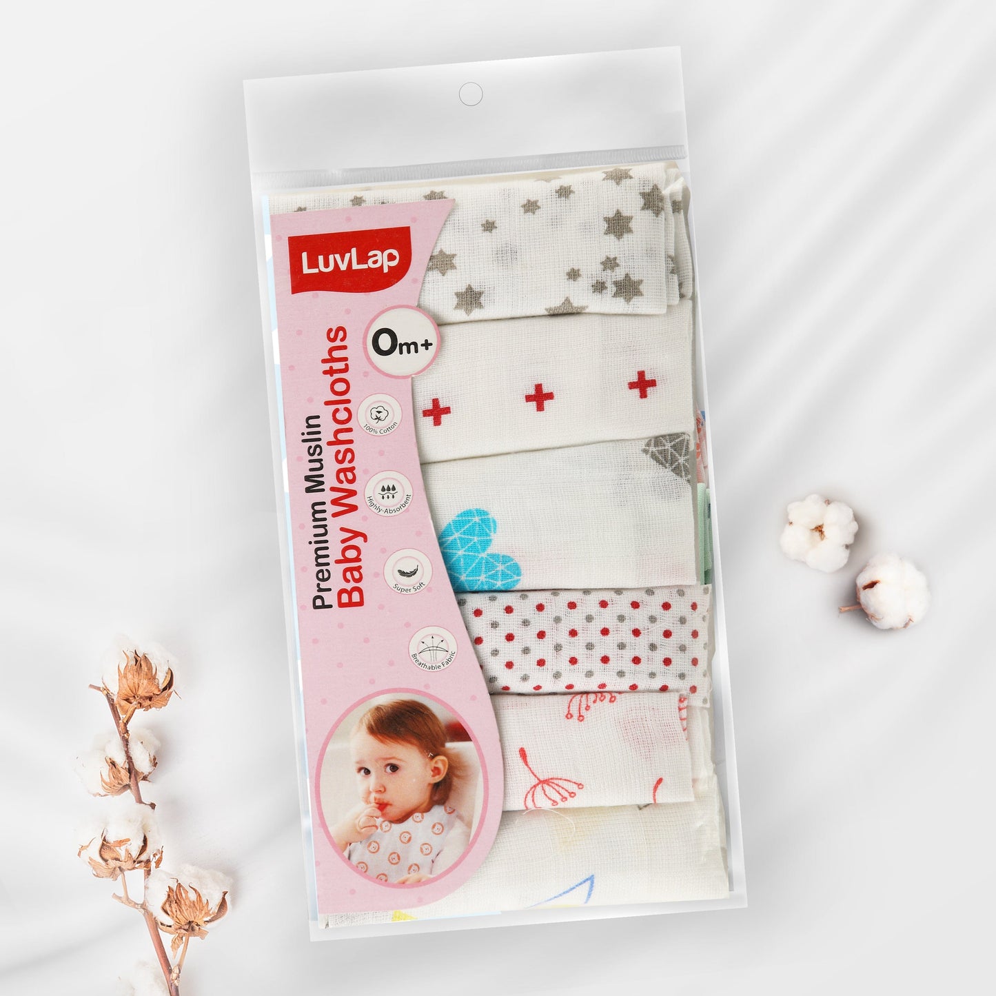 Premium Baby Washcloth for New Born, 6 Pcs, Dots, Hearts Print