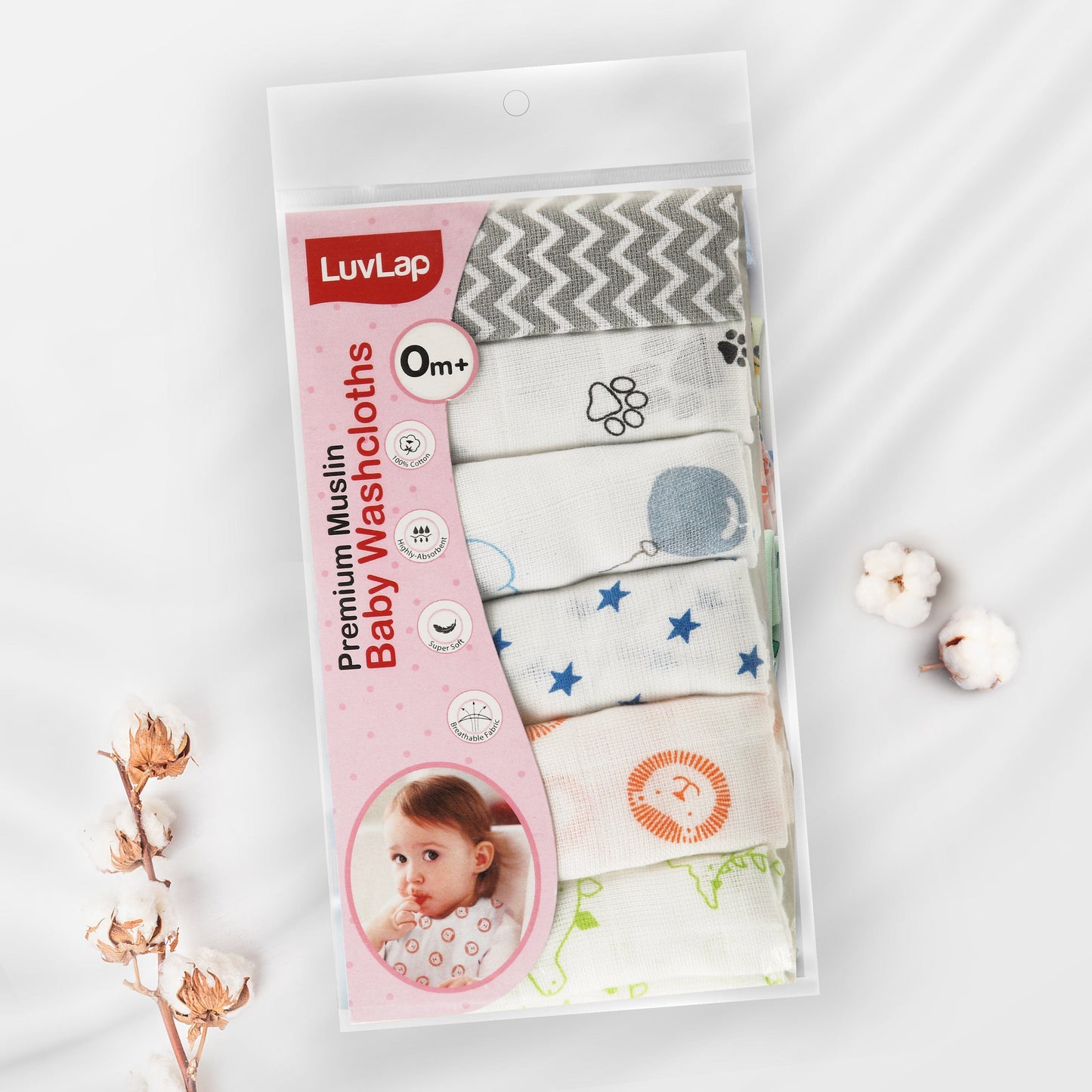 Premium Baby Washcloth for New Born, 6 Pcs, Star, Baloons Print