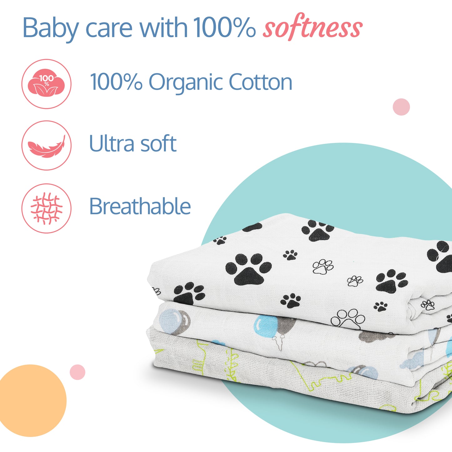 Premium Baby Washcloth for New Born, 6 Pcs, Star, Baloons Print