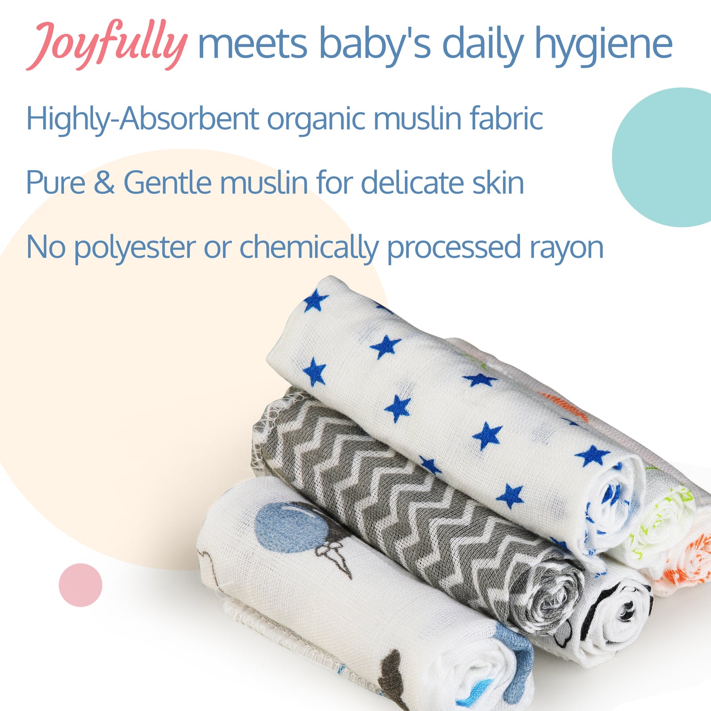 Premium Baby Washcloth for New Born, 6 Pcs, Star, Baloons Print