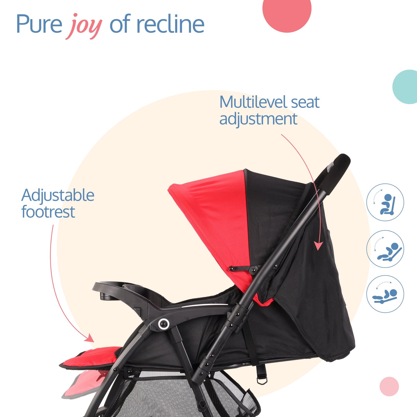 Golf Baby Stroller/Pram with 5 Point Safety Harness, 0-3 Years, Multi Level Recline & Adjustable footrest, Extendable Canopy, Red & Black