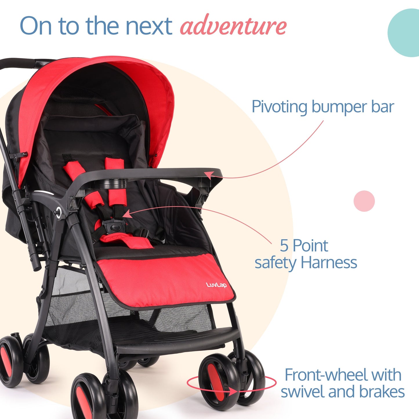 Golf Baby Stroller/Pram with 5 Point Safety Harness, 0-3 Years, Multi Level Recline & Adjustable footrest, Extendable Canopy, Red & Black