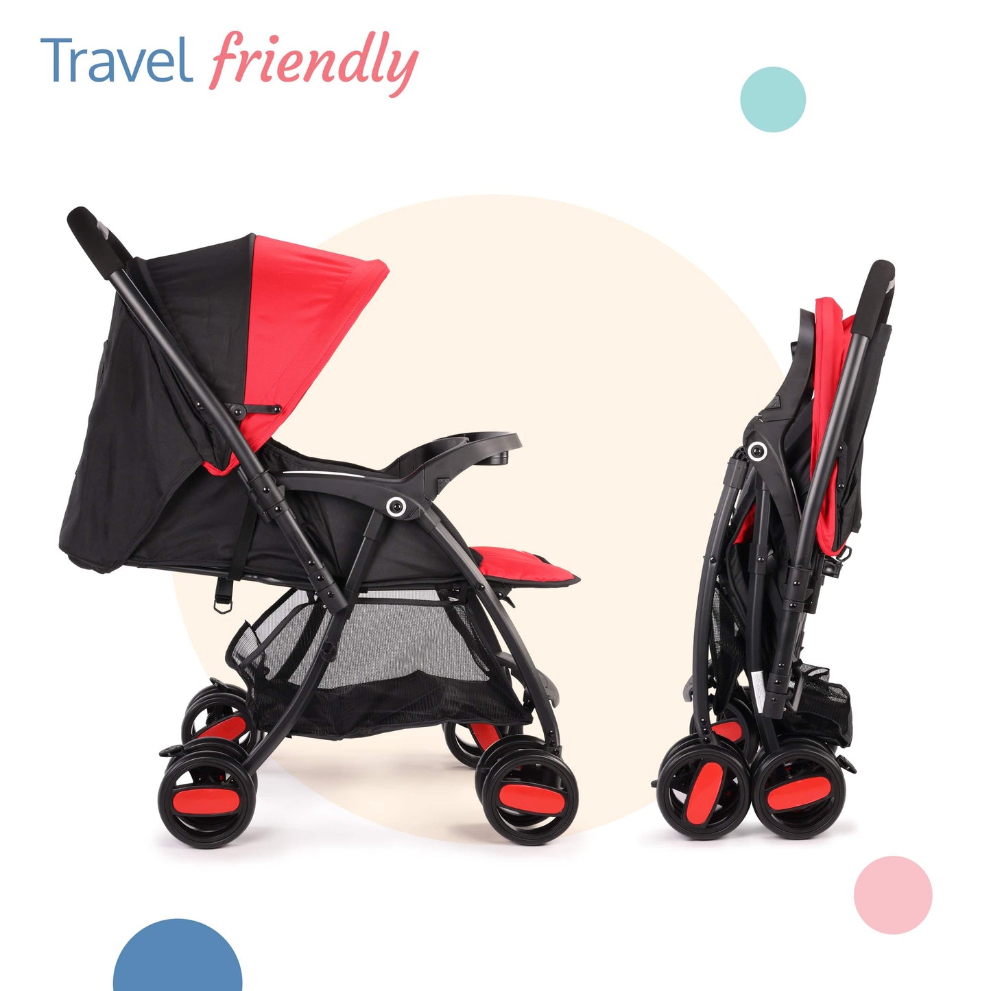 Golf Baby Stroller/Pram with 5 Point Safety Harness, 0-3 Years, Multi Level Recline & Adjustable footrest, Extendable Canopy, Red & Black