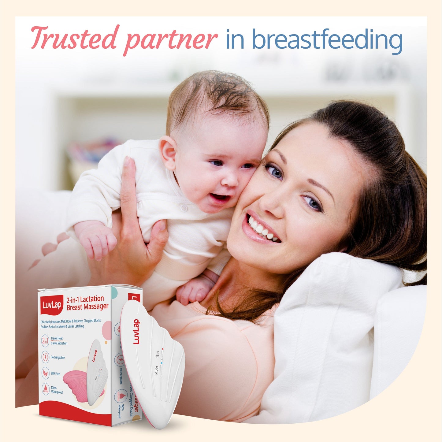 2-in-1 Warming Lactation Breast Massager, White & Pink