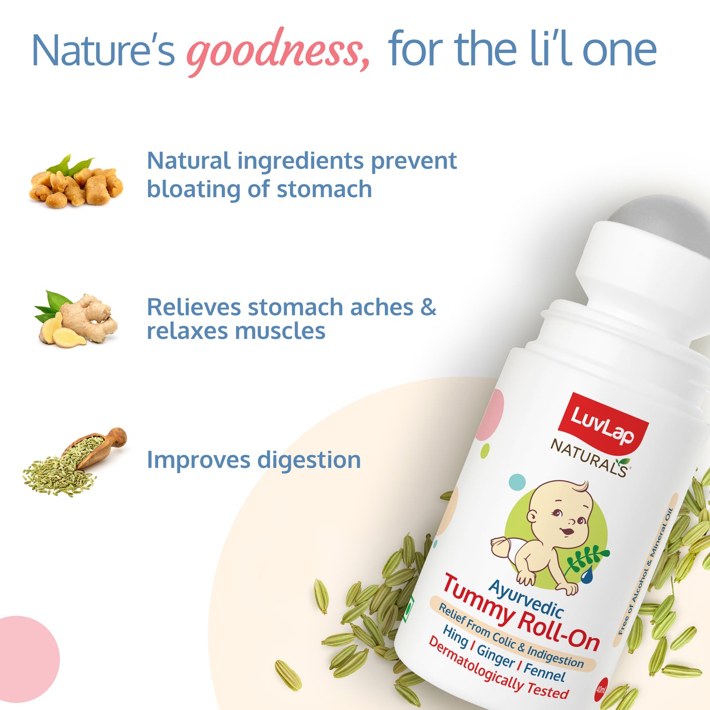 Naturals Baby Tummy Roll On Oil for Colic & Gas Relief, Relieves Constipation & Indigestion with Hing, Ginger & Fennel (Saunf), Alcohol free, Dermatologically tested Ayurvedic medicine, 40ml