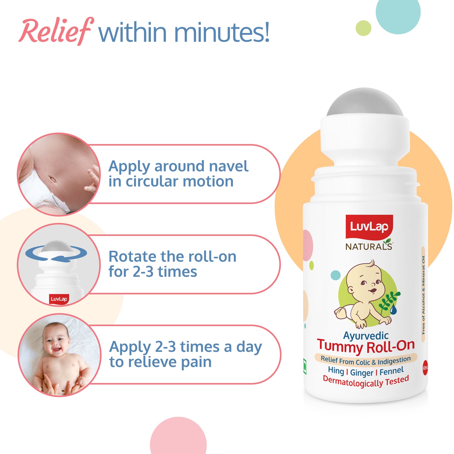 Naturals Baby Tummy Roll On Oil for Colic & Gas Relief, Relieves Constipation & Indigestion with Hing, Ginger & Fennel (Saunf), Alcohol free, Dermatologically tested Ayurvedic medicine, 40ml