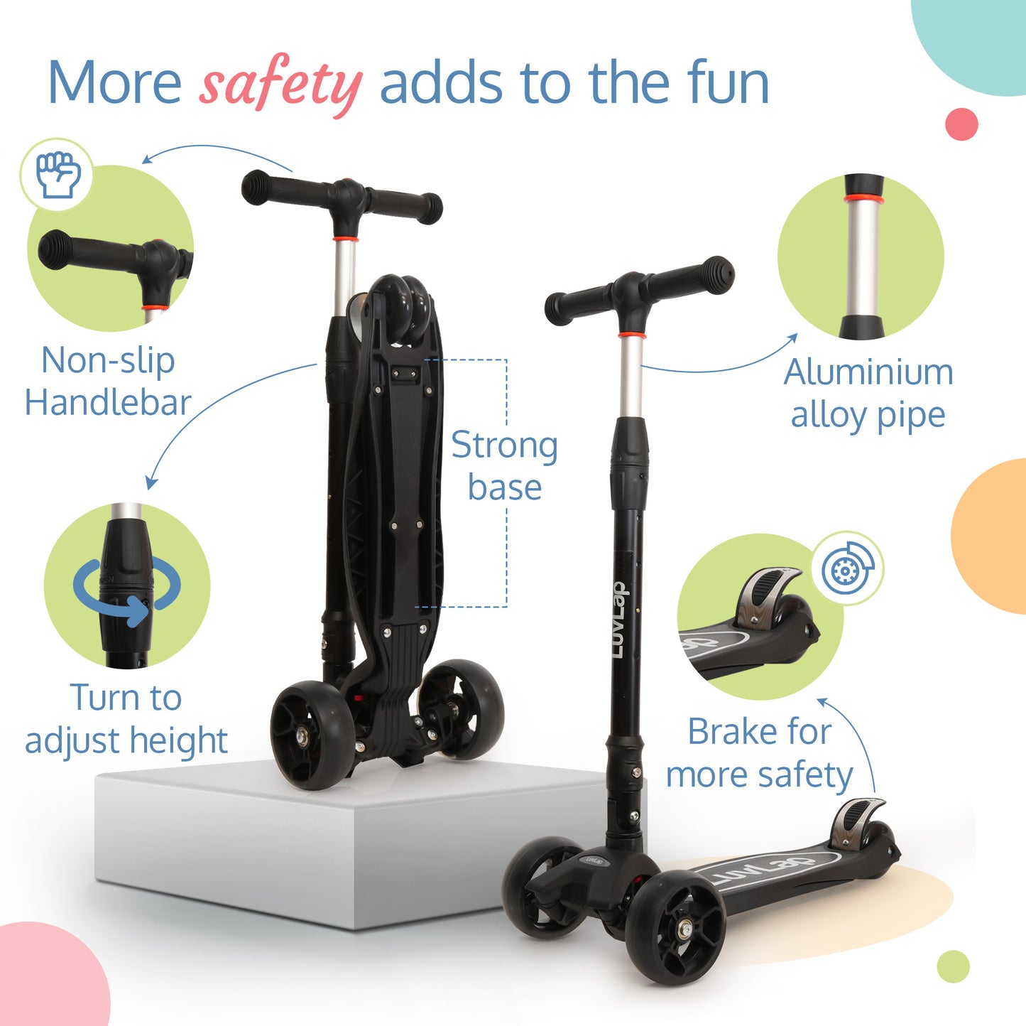 Joy Scooter for Kids- Toddler 3-Wheel Kick Scooter with LED Lights | Stable First Ride for 3-10 Year | Adjustable Height & Easy-Grip Handlebars | Fun Outdoor Gear for Kids, Black