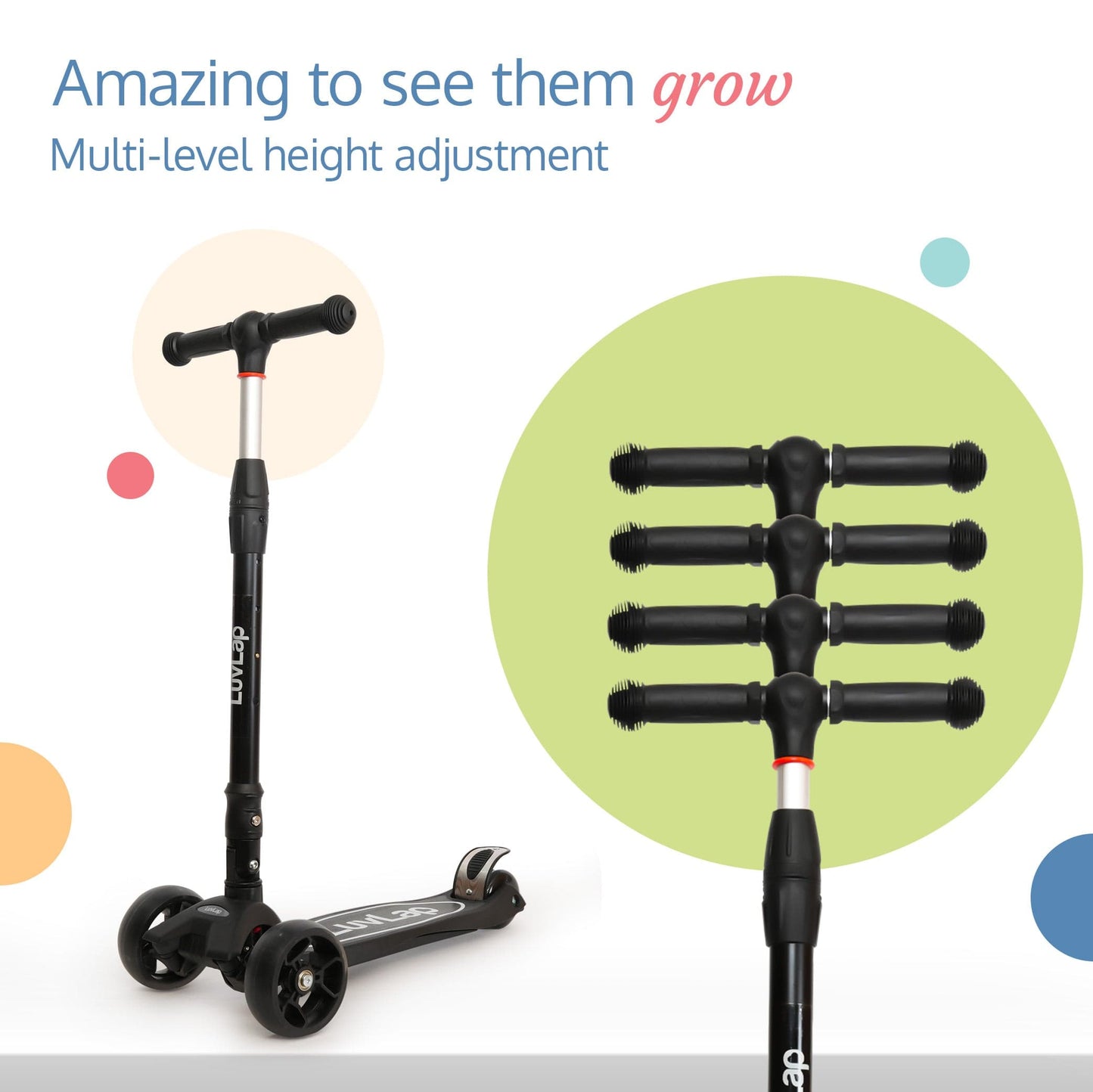 Joy Scooter for Kids- Toddler 3-Wheel Kick Scooter with LED Lights | Stable First Ride for 3-10 Year | Adjustable Height & Easy-Grip Handlebars | Fun Outdoor Gear for Kids, Black