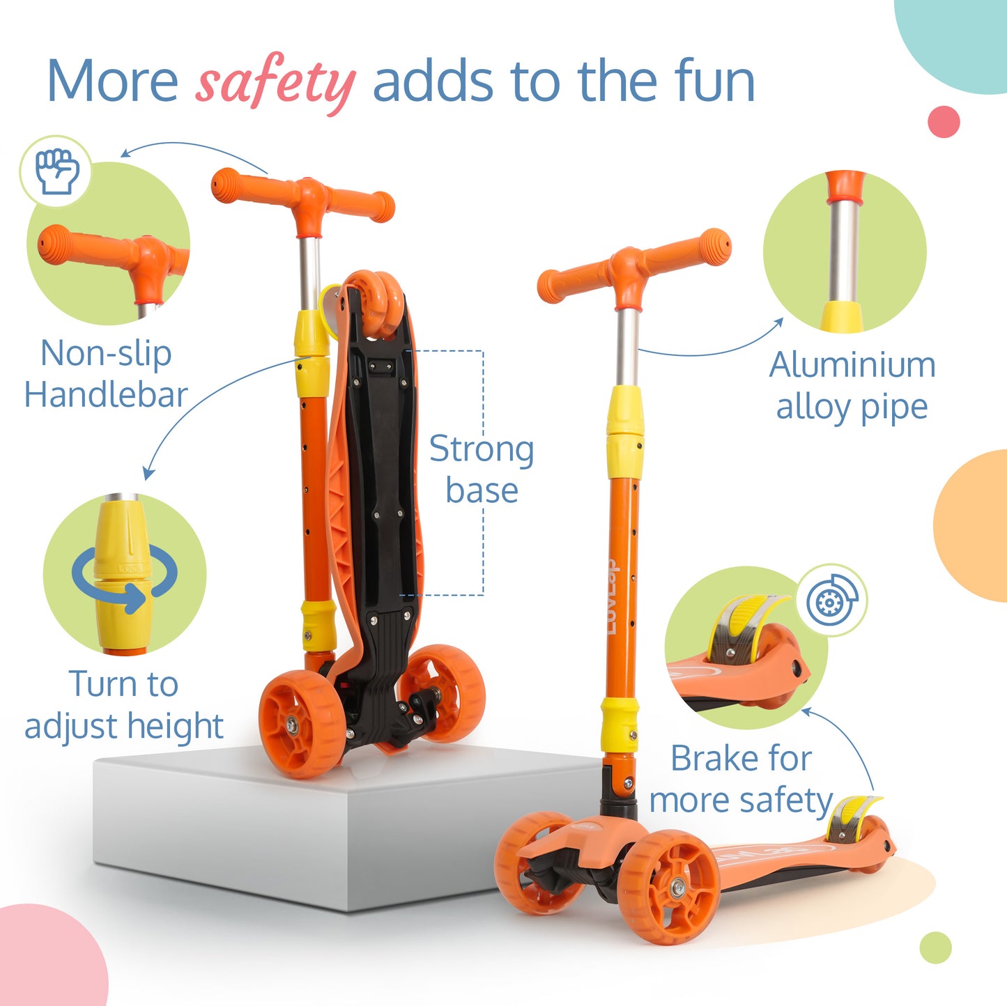 Joy Scooter for Kids- Toddler 3-Wheel Kick Scooter with LED Lights | Stable First Ride for 3-10 Year | Adjustable Height & Easy-Grip Handlebars | Fun Outdoor Gear for Kids, Orange & Yellow