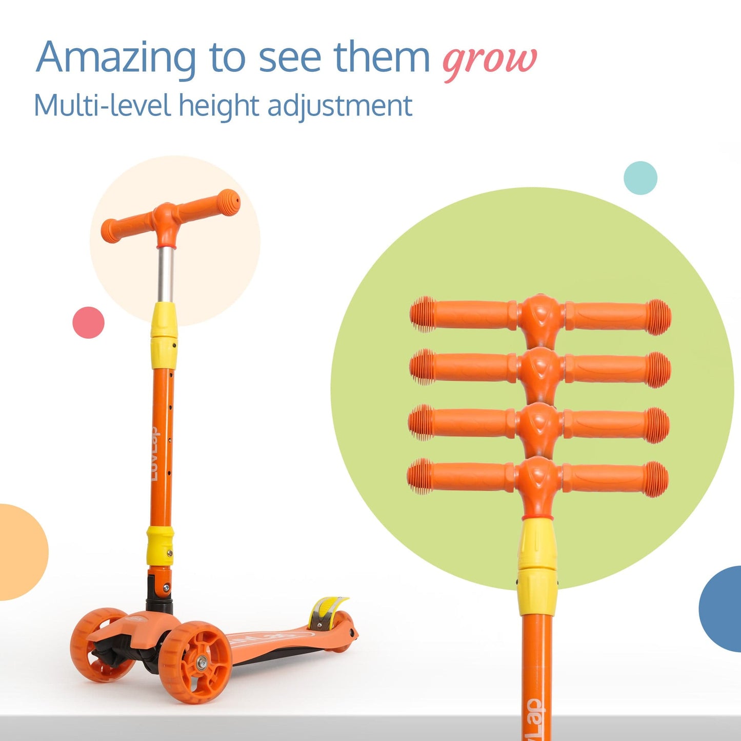 Joy Scooter for Kids- Toddler 3-Wheel Kick Scooter with LED Lights | Stable First Ride for 3-10 Year | Adjustable Height & Easy-Grip Handlebars | Fun Outdoor Gear for Kids, Orange & Yellow