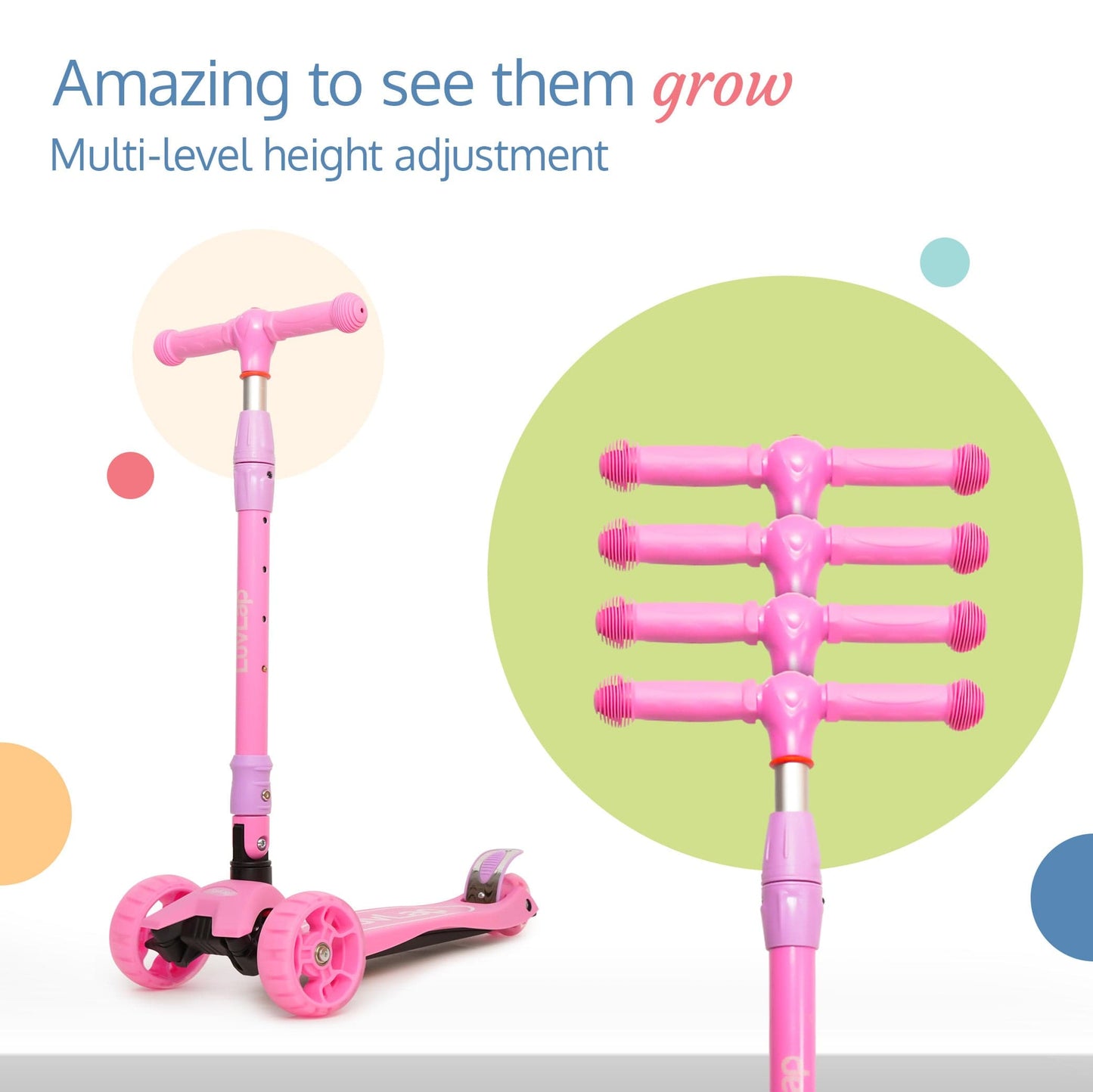 Joy Scooter for Kids- Toddler 3-Wheel Kick Scooter with LED Lights | Safe & Stable First Ride for 3-10 Year Olds | Adjustable Height & Easy-Grip Handlebars | Fun Outdoor Gear for Kids, Pink