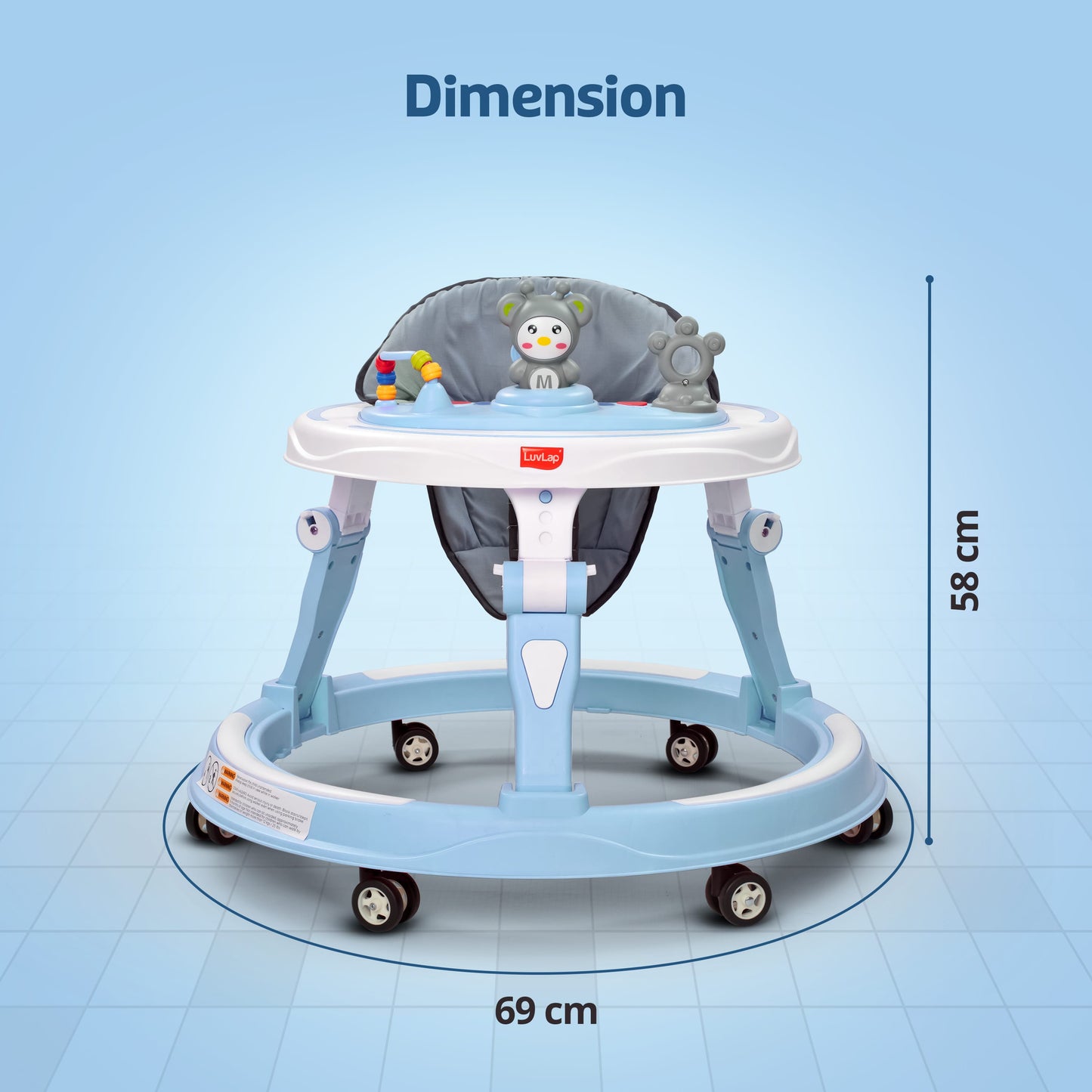 LuvLap 360° Joy Baby Walkers for 9+ Months | 3 Level Height Adjustment Walker with Switchable Food & Musical Toy Tray / Advanced Baby Activity Walker for Kids, Walker for Boys & Girls, Blue