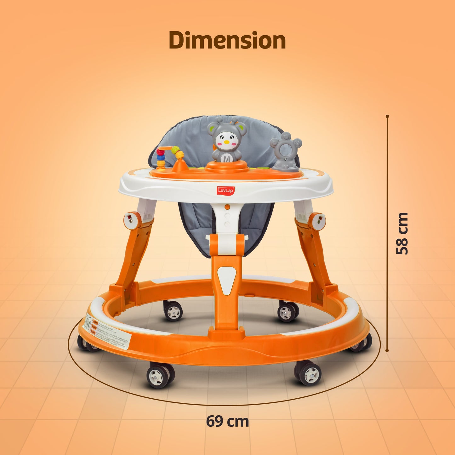 LuvLap 360° Joy Baby Walkers for 9+ Months | 3 Level Height Adjustment Walker with Switchable Food & Musical Toy Tray / Advanced Baby Activity Walker for Kids, Walker for Boys & Girls, Orange