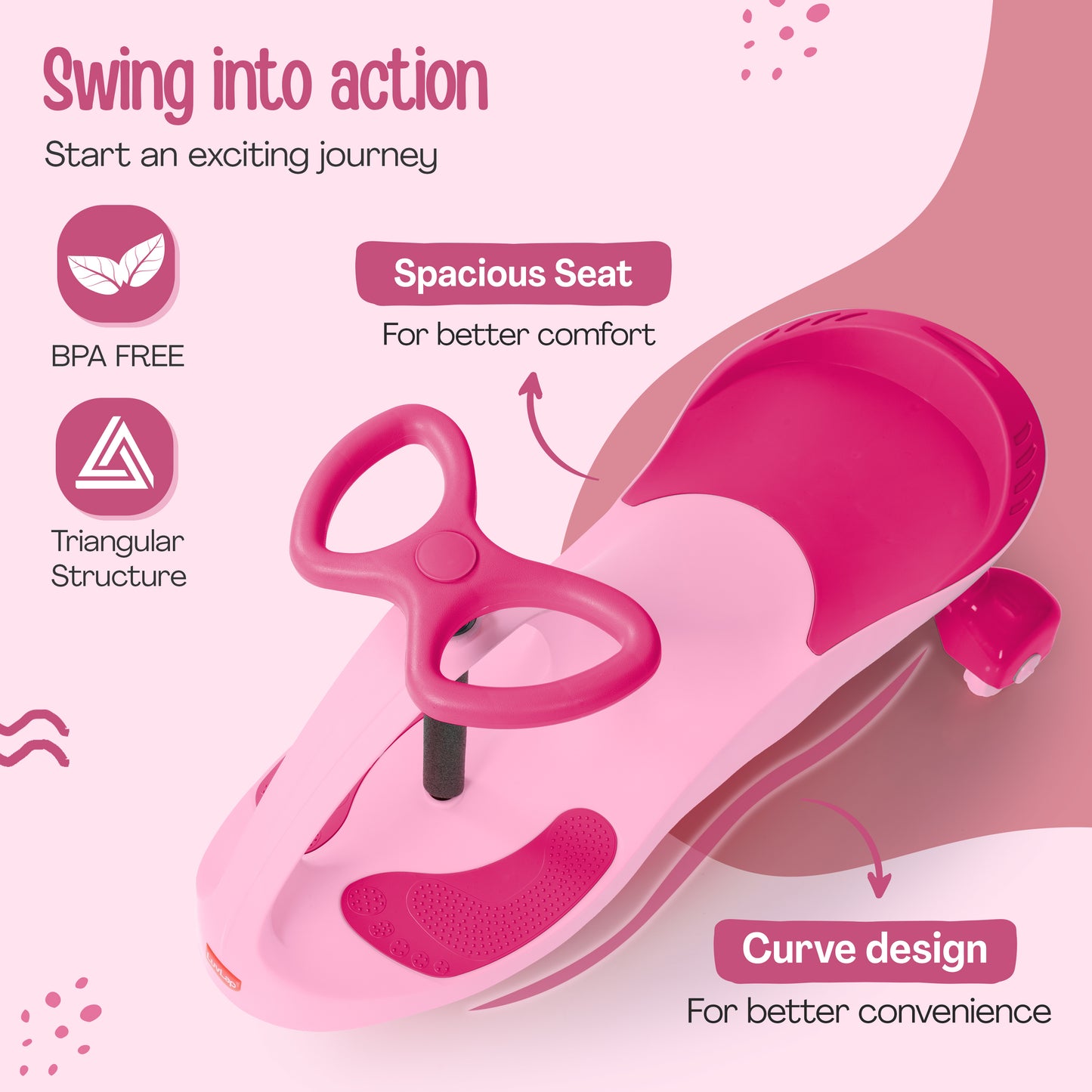 Sunshine Swing Car, Magic Car, Kids Push Car, Swing Car for Kids, Comfortable Seats & Durable, Baby Car, Magic Toy Car, Kids Swing Car, Ride On Car, Kids Car, 3+ Years, Pink