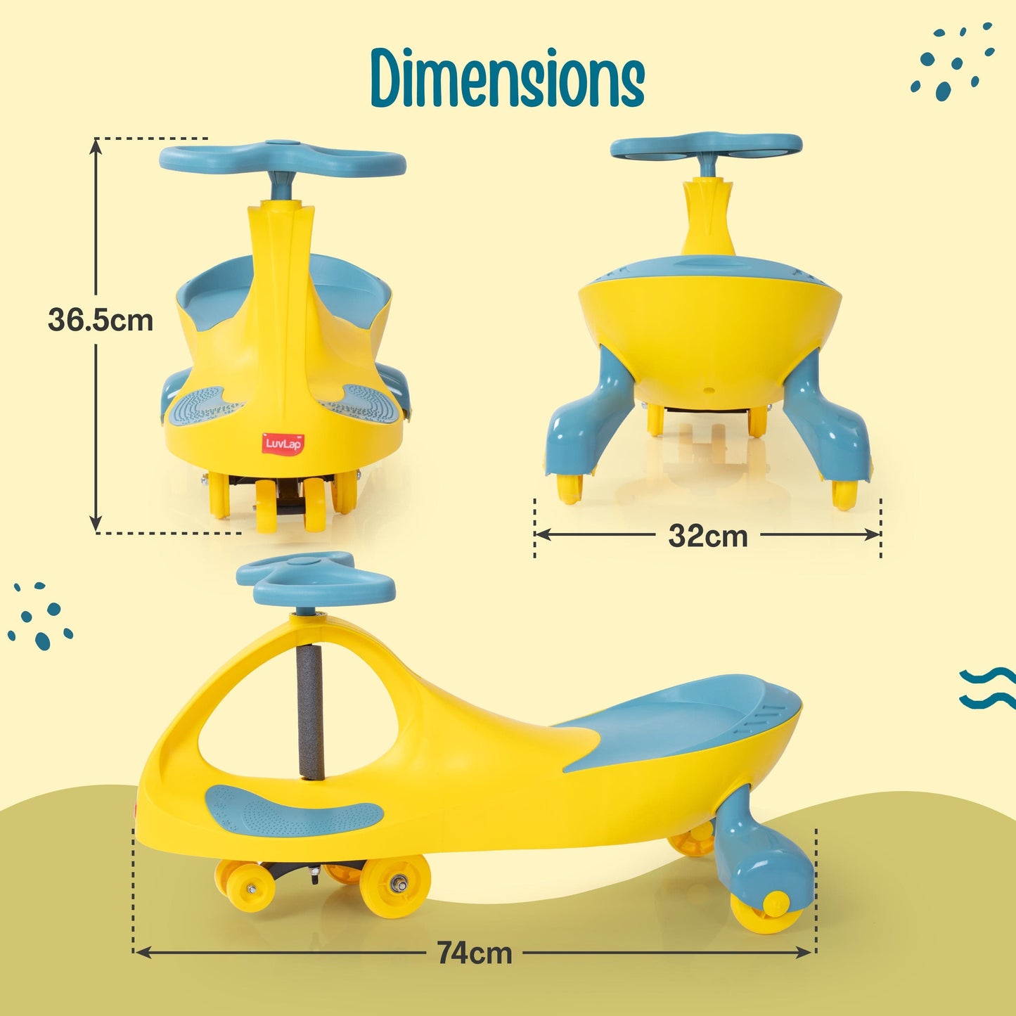 Sunshine Swing Car, Push Car, Swing Car for Kids, Comfortable Seats & Durable, Smooth Wheels, Baby Car, Magic Toy, Ride On Toy, Kids Car, 3+ Years, Yellow & Green