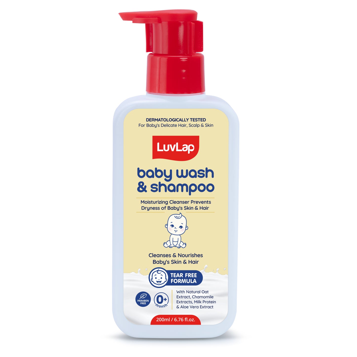 LuvLap Baby Wash & Shampoo - 200ml with Chamomile, Milk Protein, Oatmeal & Shea Butter, Paraben Free, Tear Free, Soap Free, Rich Moisturised Skin & Soft Hair, Baby Body Wash, Dermatologically Tested