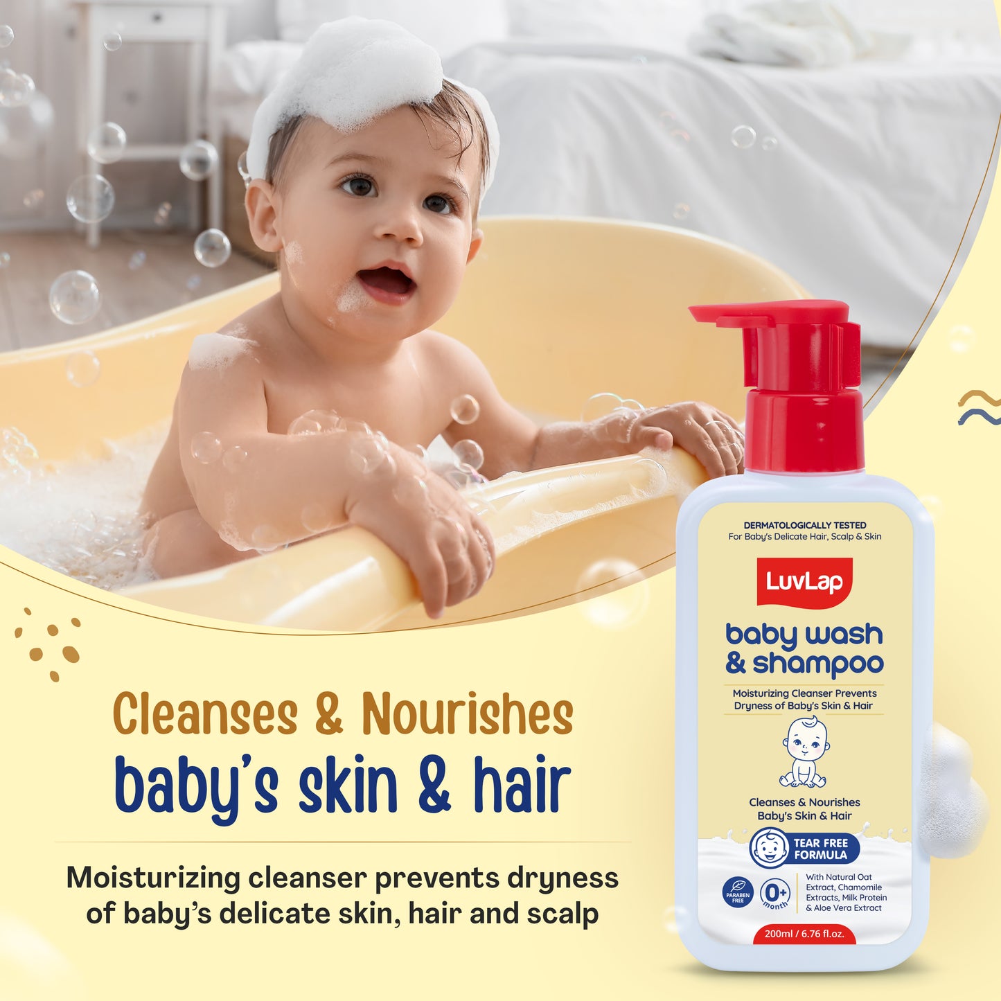 LuvLap Baby Wash & Shampoo - 200ml with Chamomile, Milk Protein, Oatmeal & Shea Butter, Paraben Free, Tear Free, Soap Free, Rich Moisturised Skin & Soft Hair, Baby Body Wash, Dermatologically Tested