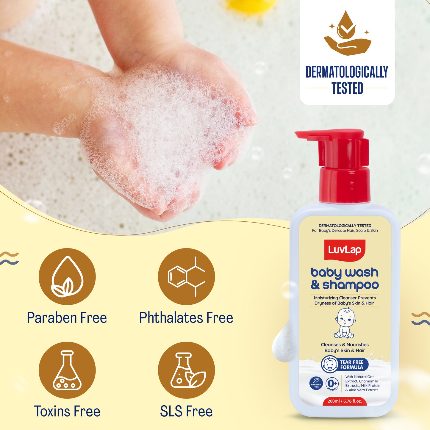 LuvLap Baby Wash & Shampoo - 200ml with Chamomile, Milk Protein, Oatmeal & Shea Butter, Paraben Free, Tear Free, Soap Free, Rich Moisturised Skin & Soft Hair, Baby Body Wash, Dermatologically Tested