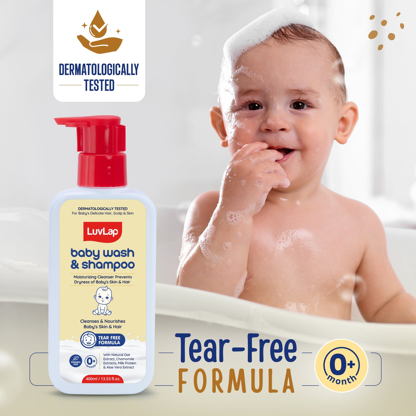 LuvLap Baby Wash & Shampoo - 400ml with Chamomile, Milk Protein, Oatmeal & Shea Butter, Paraben Free, Tear Free, Soap Free, Rich Moisturised Skin & Soft Hair, Baby Body Wash, Dermatologically Tested
