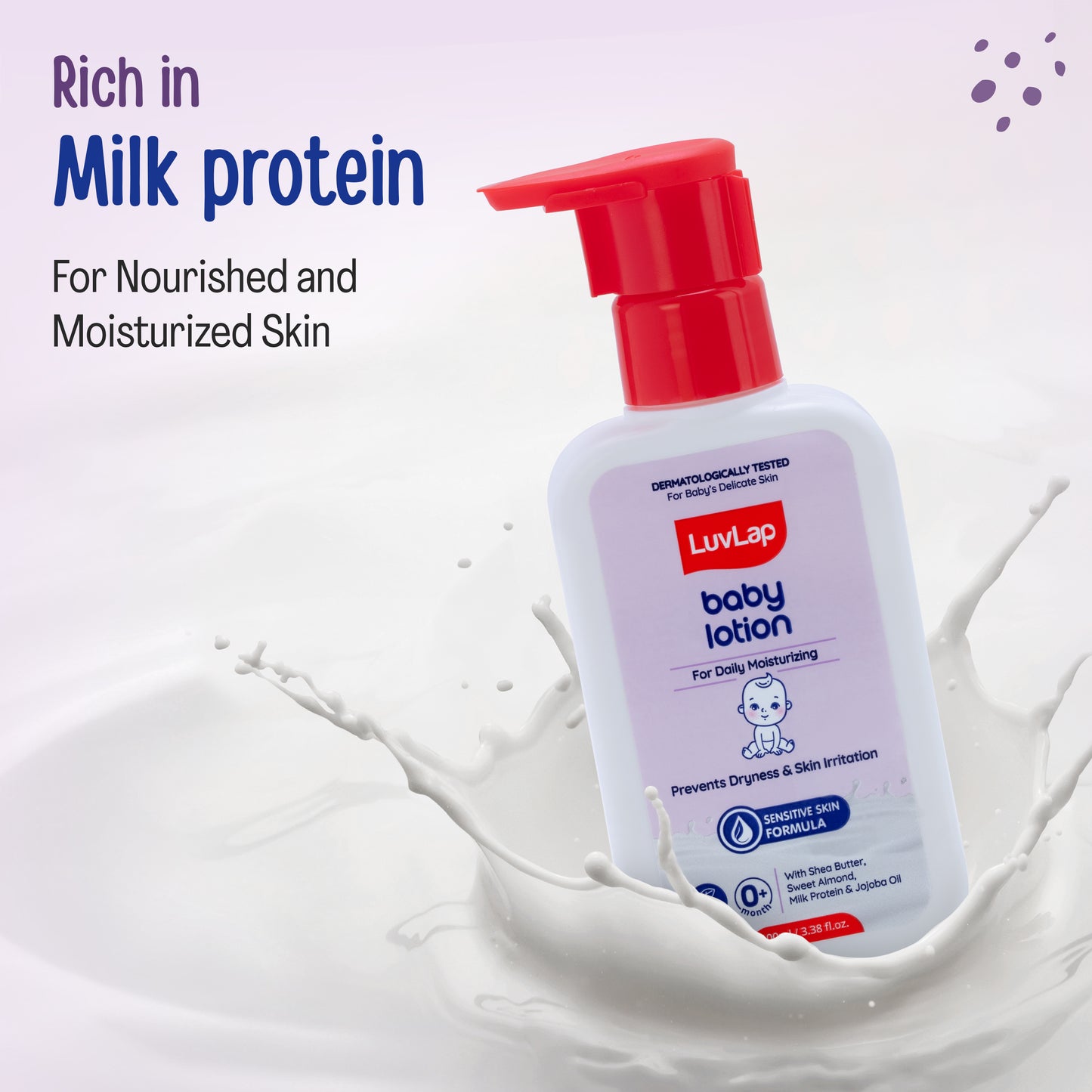 LuvLap Baby Lotion with Milk Protein - 100ml, Suitable for Baby’s Delicate Skin, 24 Hour Protection for Sensitive Skin, Shea Butter and VIT E, Paraben Free, Sweet Almond Oil, Dermatologically Tested