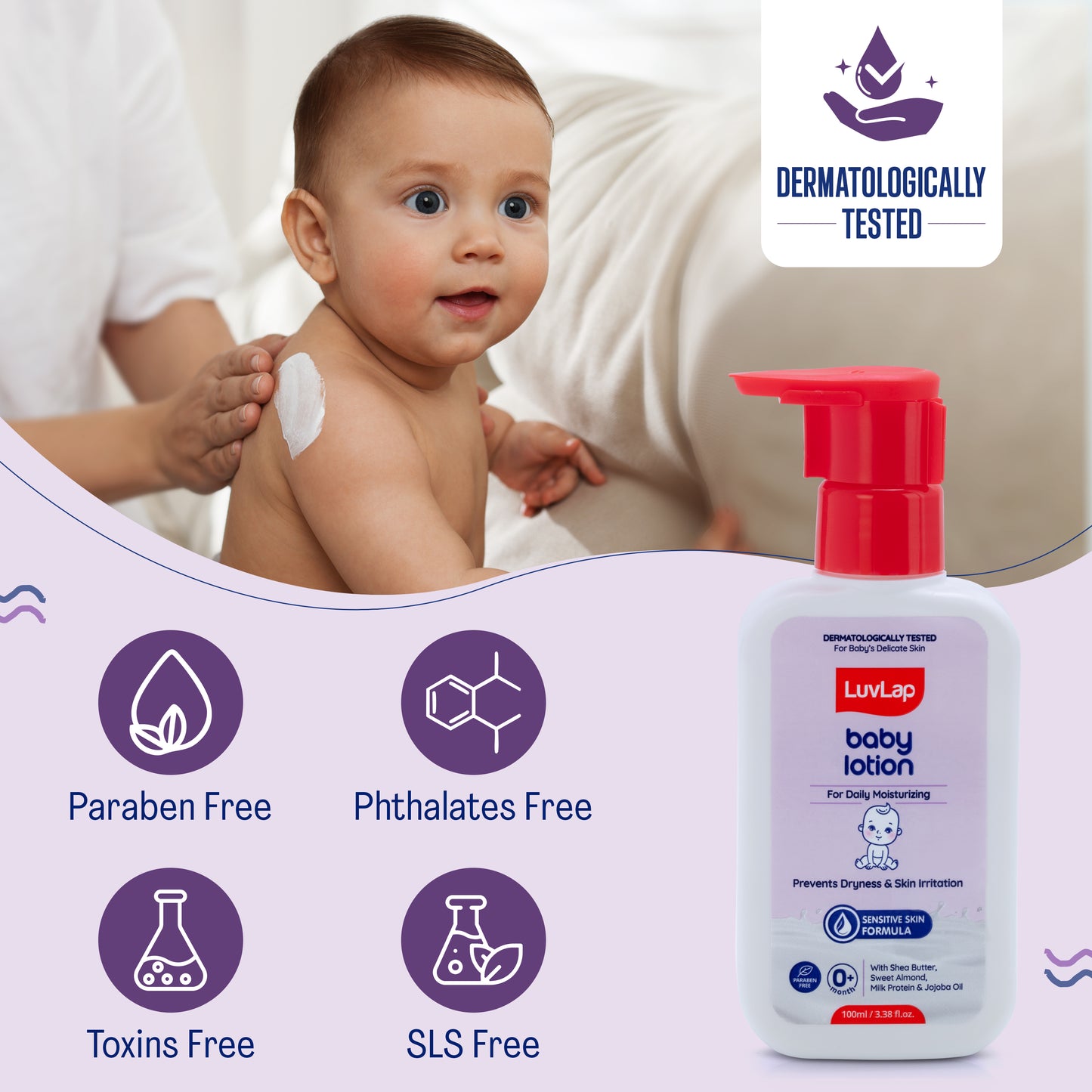 LuvLap Baby Lotion with Milk Protein - 100ml, Suitable for Baby’s Delicate Skin, 24 Hour Protection for Sensitive Skin, Shea Butter and VIT E, Paraben Free, Sweet Almond Oil, Dermatologically Tested