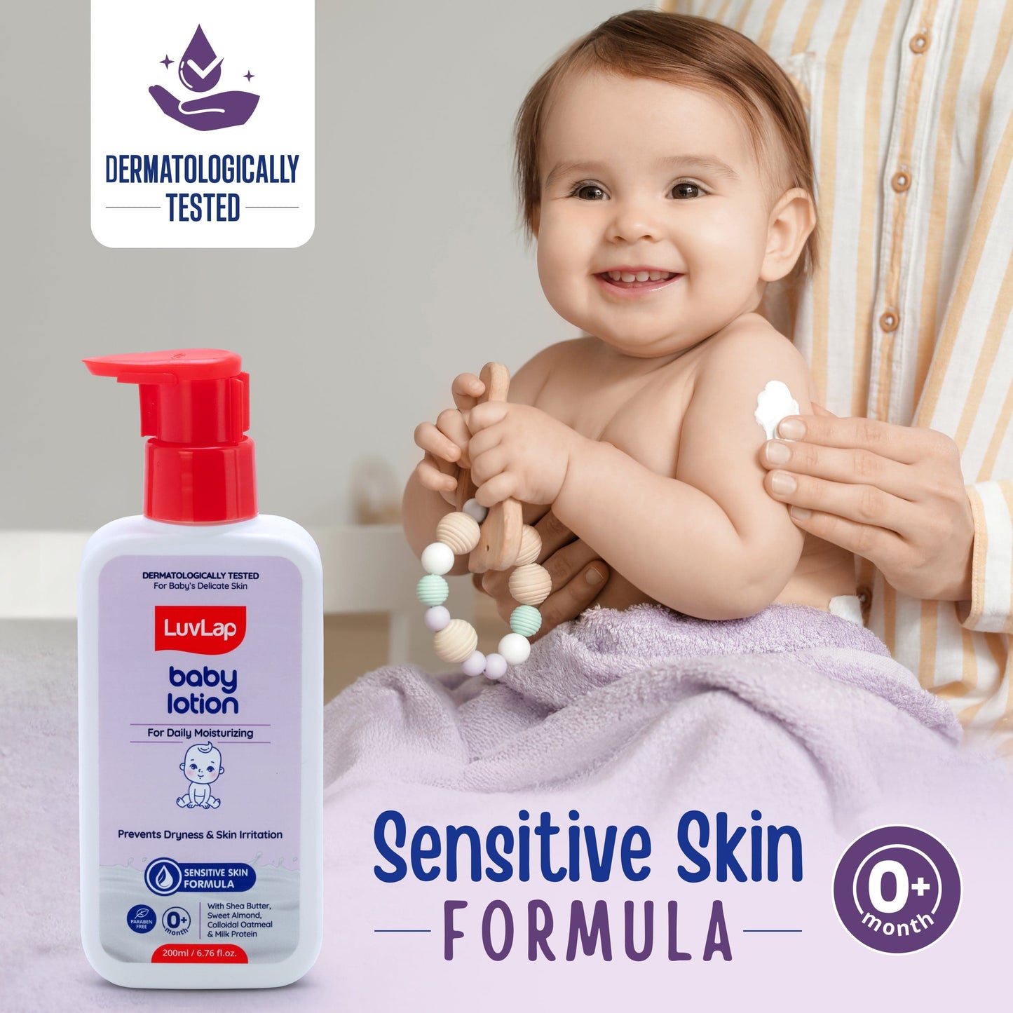 LuvLap Baby Lotion with Milk Protein - 200ml, Suitable for Baby’s Delicate Skin, 24 Hour Protection for Sensitive Skin, Shea Butter and VIT E, Paraben Free, Sweet Almond Oil, Dermatologically Tested