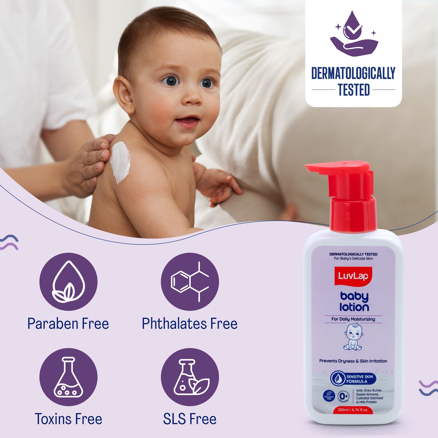 LuvLap Baby Lotion with Milk Protein - 200ml, Suitable for Baby’s Delicate Skin, 24 Hour Protection for Sensitive Skin, Shea Butter and VIT E, Paraben Free, Sweet Almond Oil, Dermatologically Tested
