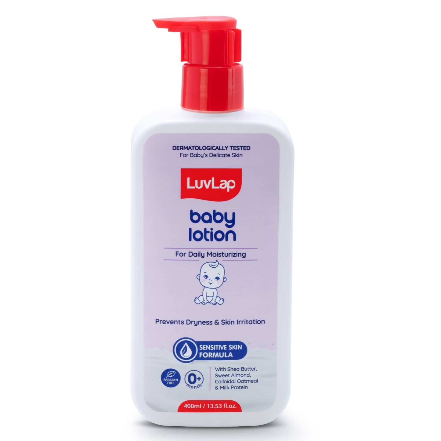 LuvLap Baby Lotion with Milk Protein - 400ml, Suitable for Baby’s Delicate Skin, 24 Hour Protection for Sensitive Skin, Shea Butter and VIT E, Paraben Free, Sweet Almond Oil, Dermatologically Tested